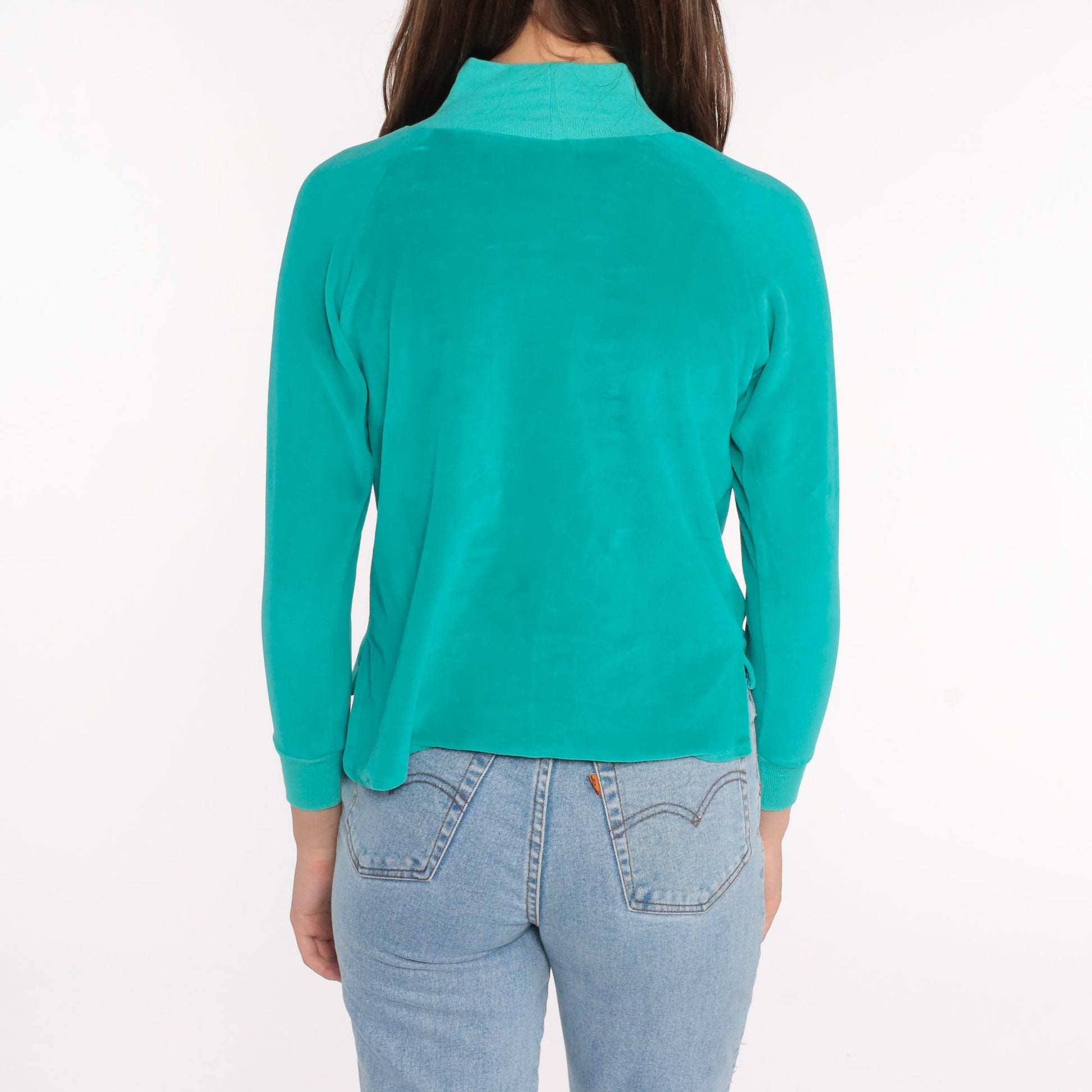 80s Teal Velour Mock Neck Long Sleeve Shirt Small