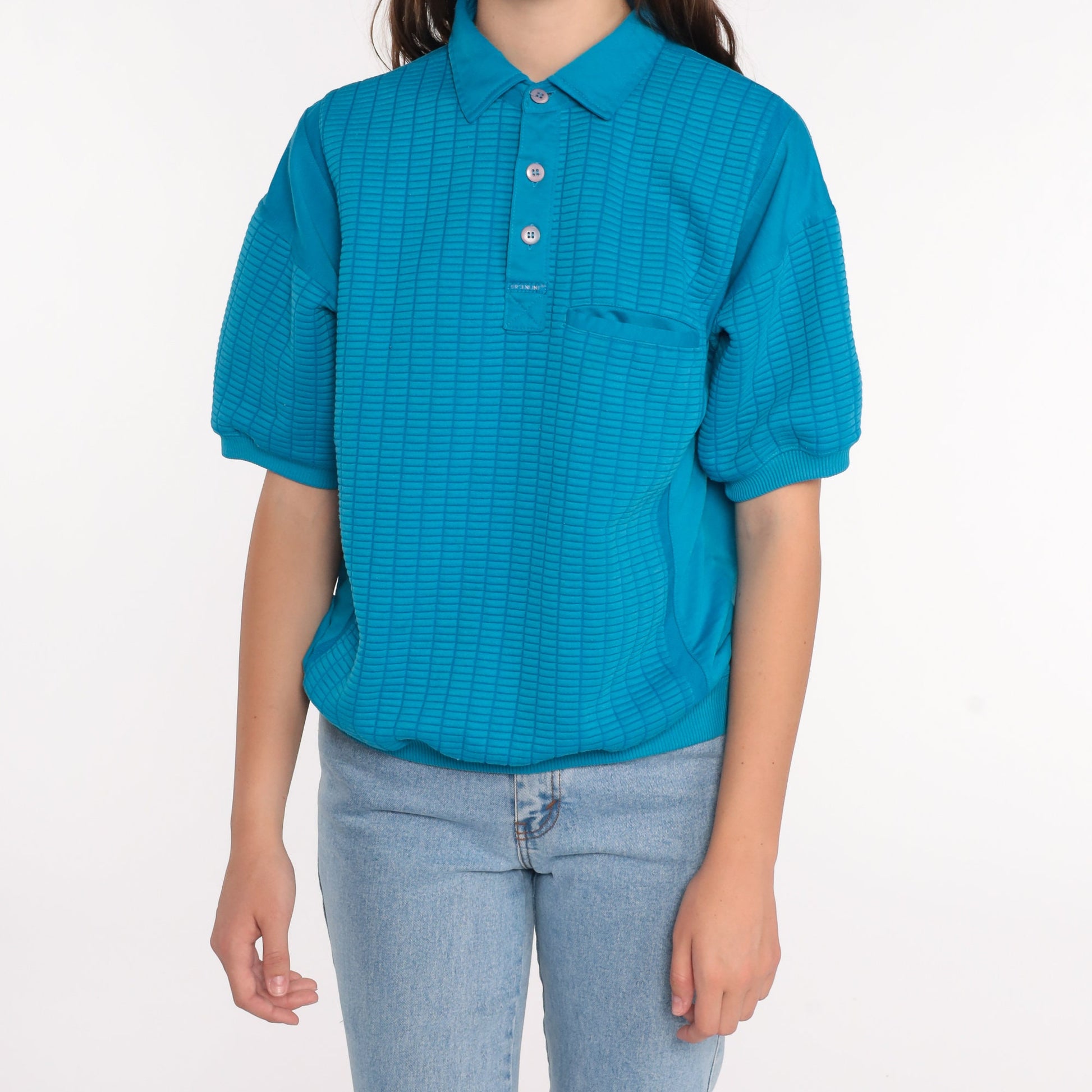 80s Blue Polo Shirt Short Sleeve Button Neck Vintage Top Large
