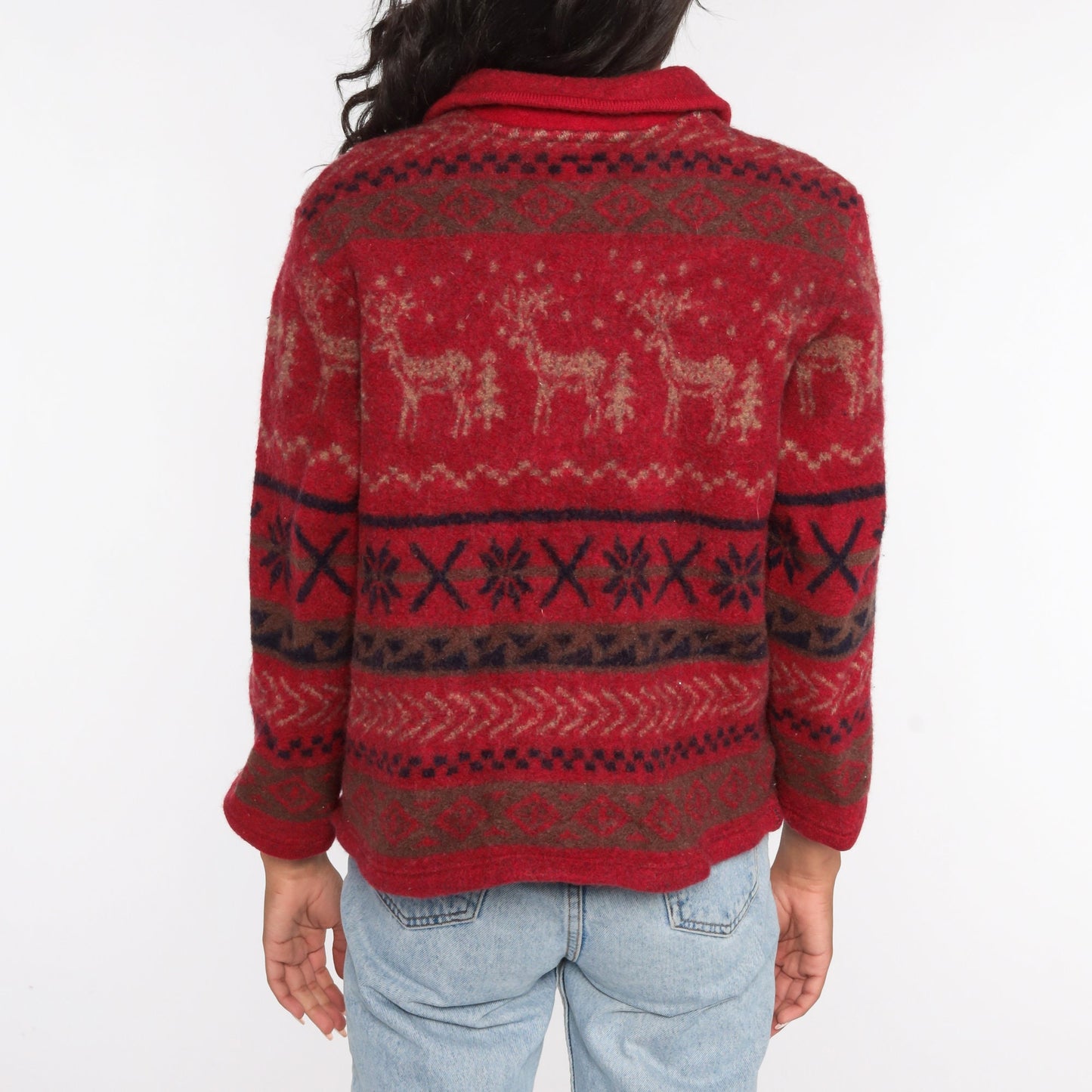 90s Venezia Wool Nordic Reindeer Zip Jacket Red Fair Isle Large L