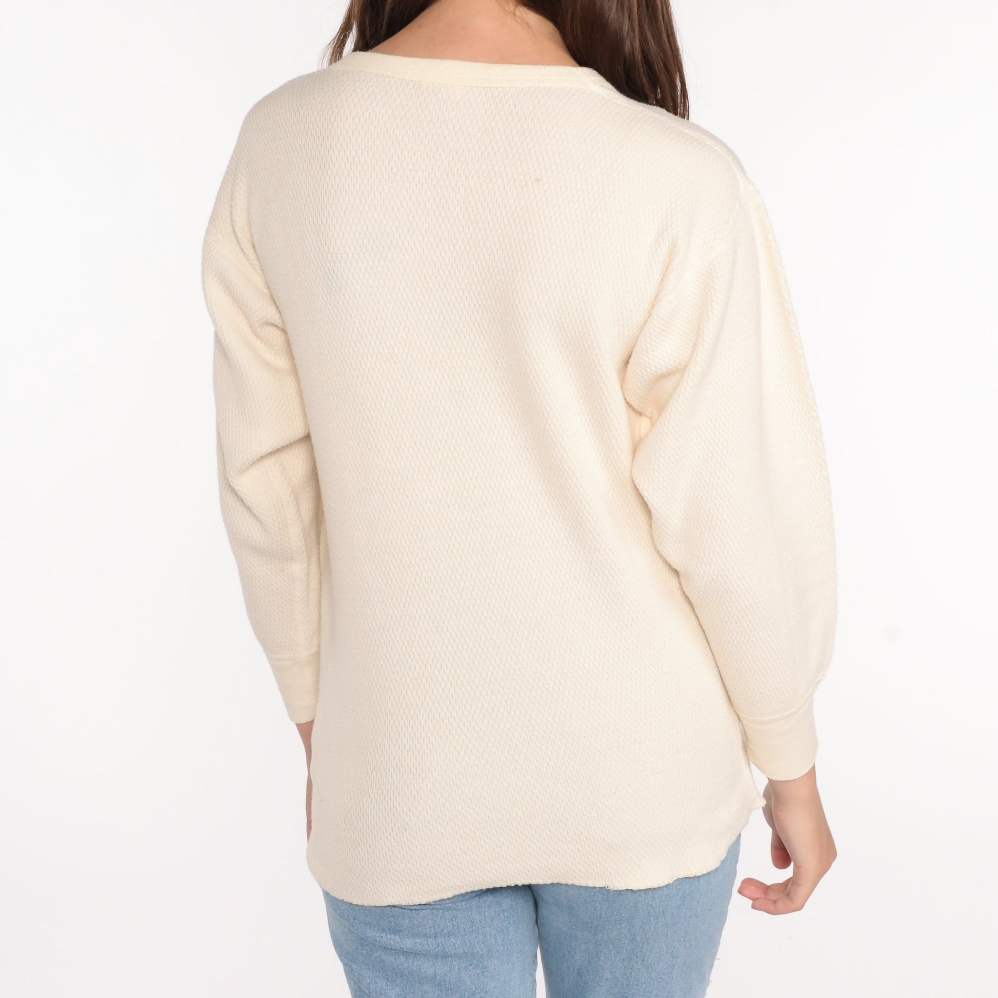 70s Cream Thermal Waffle Knit Long Sleeve Shirt Medium