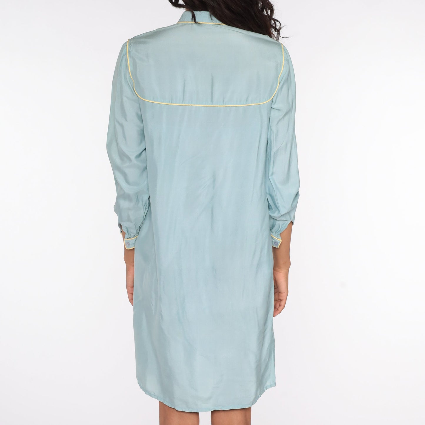 70s Blue Silk Mini Dress Peter Pan Collar Shift Long Sleeve Small