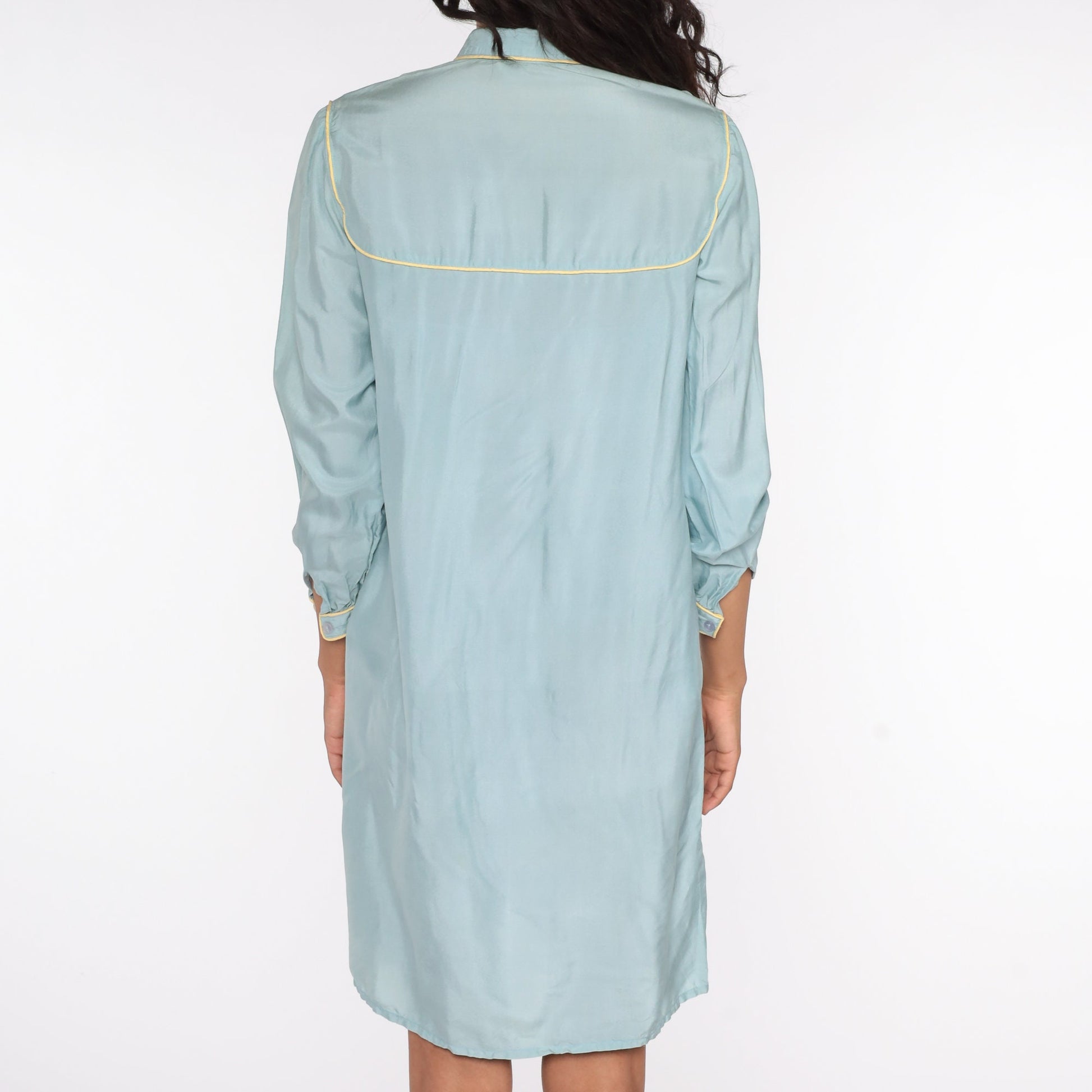 70s Blue Silk Mini Dress Peter Pan Collar Shift Long Sleeve Small