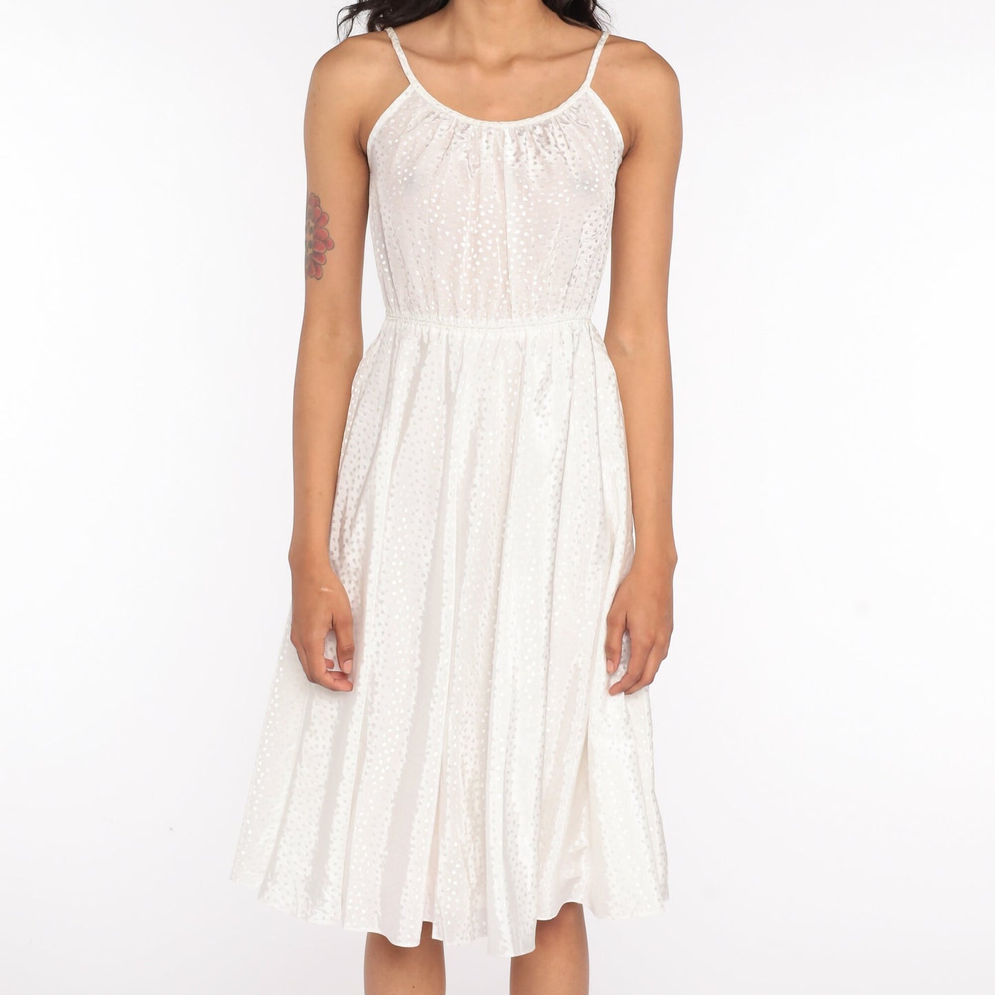 1970s White Polka Dot Grecian Midi Dress Spaghetti Strap High Waist Small