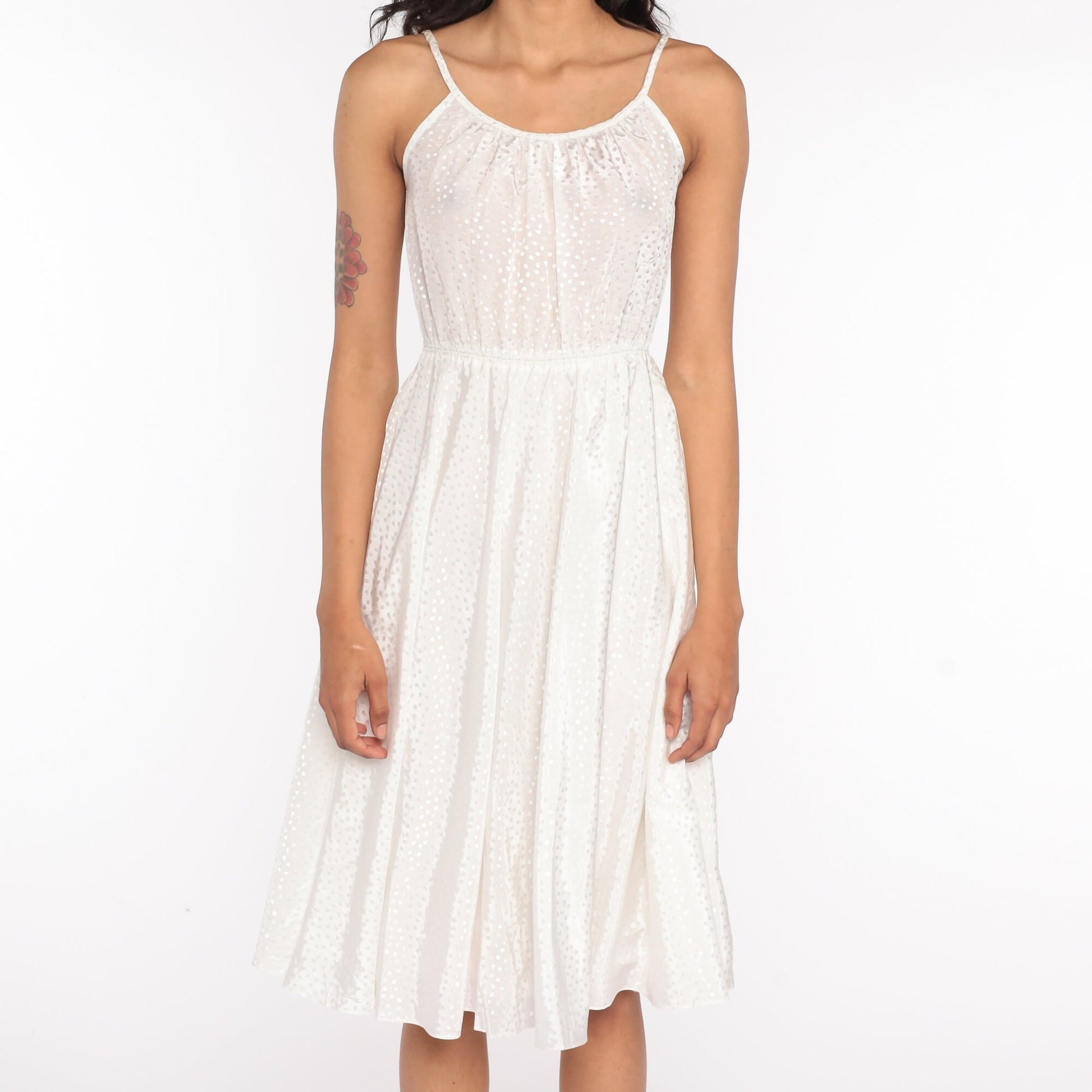 1970s White Polka Dot Grecian Midi Dress Spaghetti Strap High Waist Small