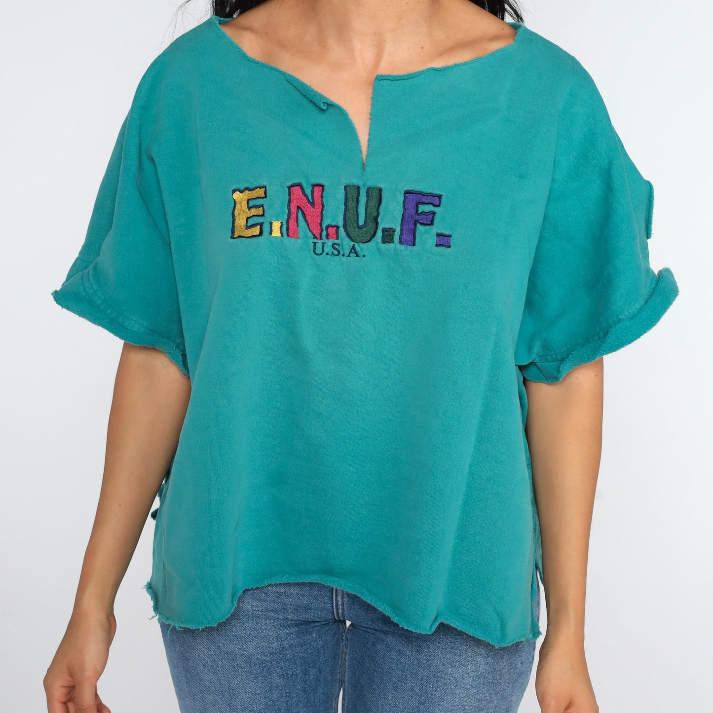 90s Enuf Rainbow Spellout T-Shirt Turquoise Green Cutoff Large