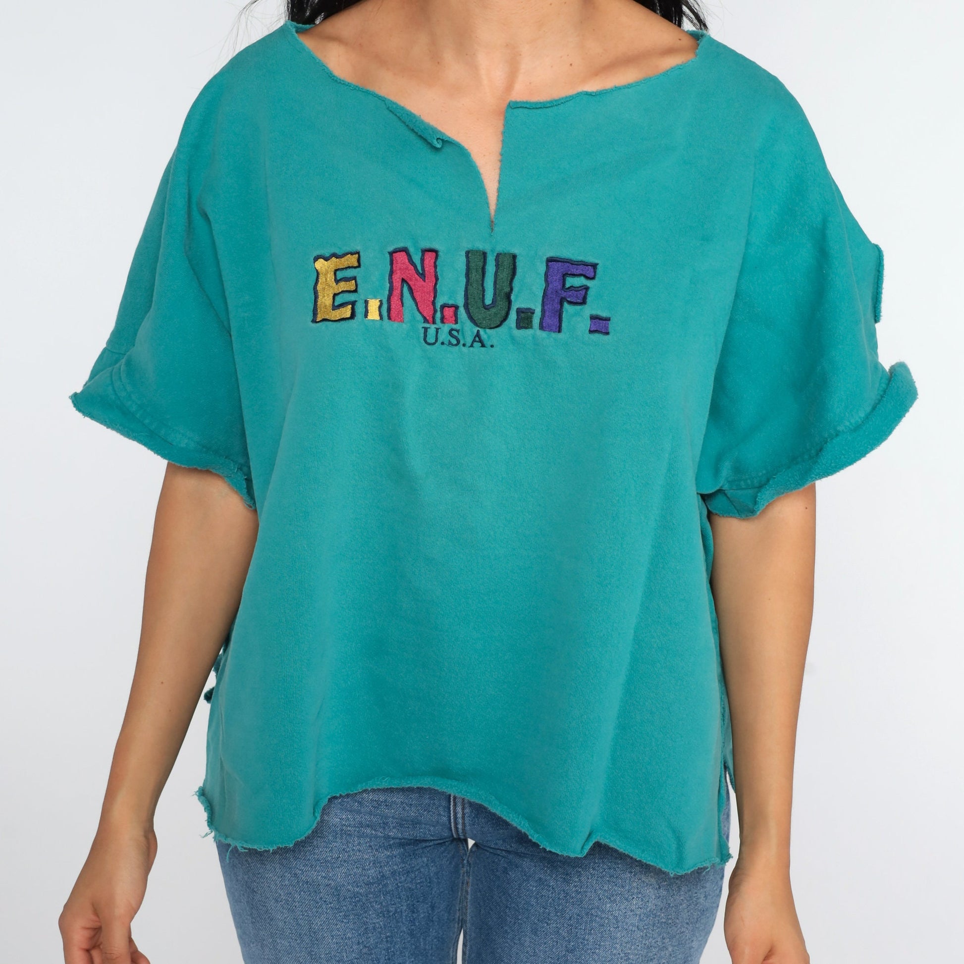 90s Enuf Rainbow Spellout T-Shirt Turquoise Green Cutoff Large