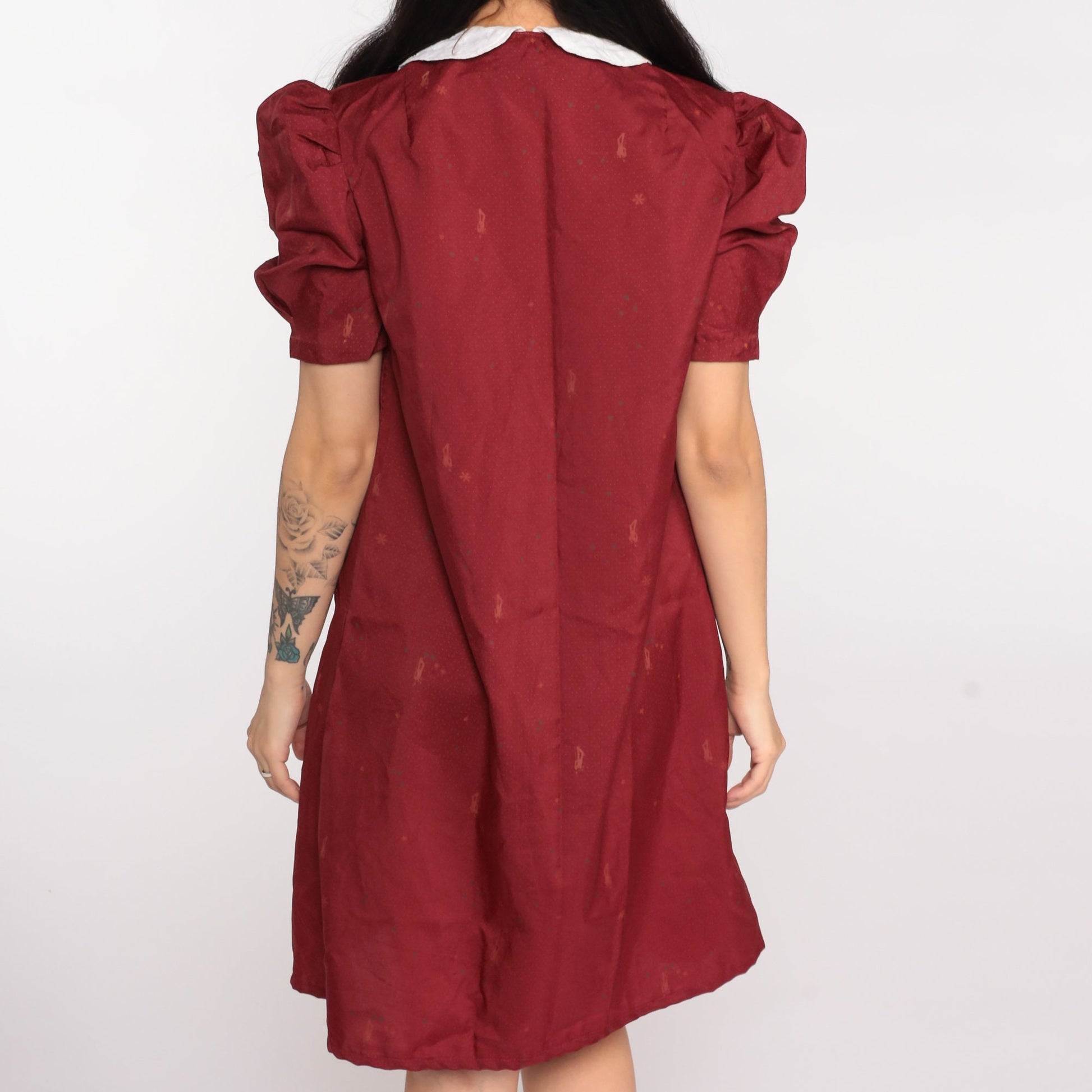 70s Novelty Print Shift Dress Dapper Man Peter Pan Collar Puff Sleeve Mini Burgundy Medium
