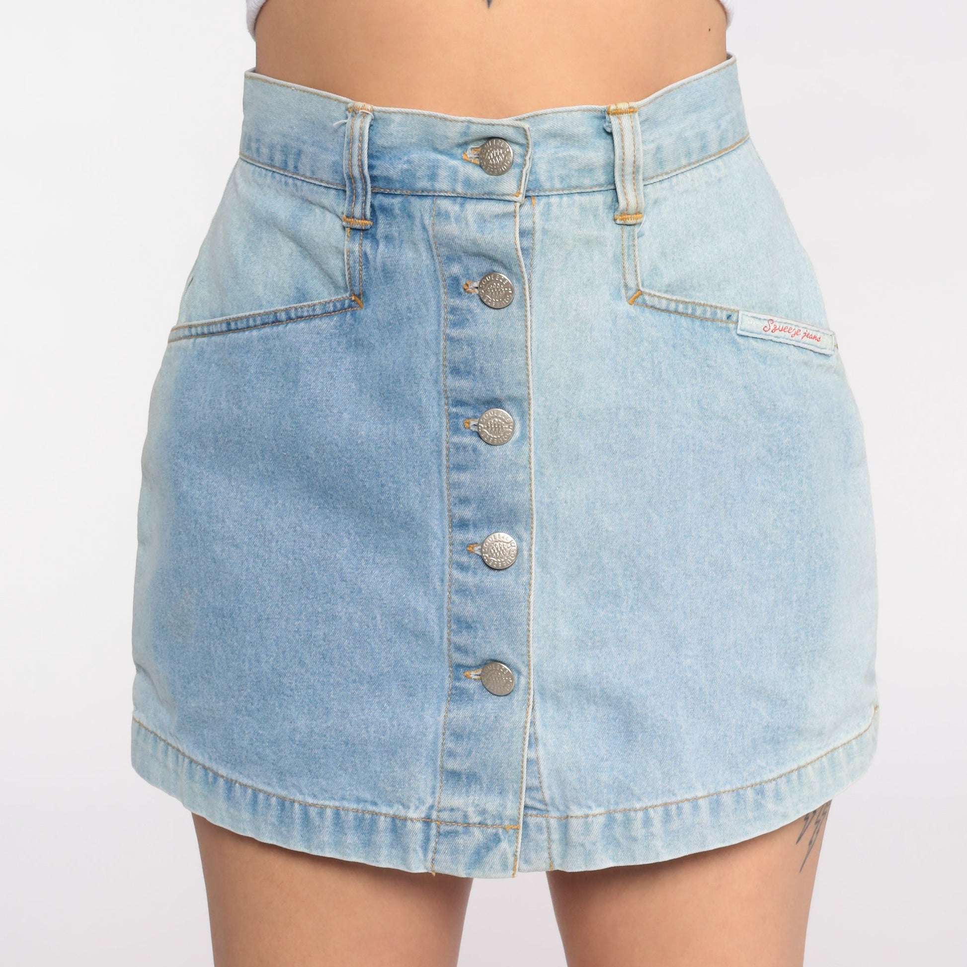 90s Squeeze Jeans Blue Denim Skort High Waisted Button Up Extra Small