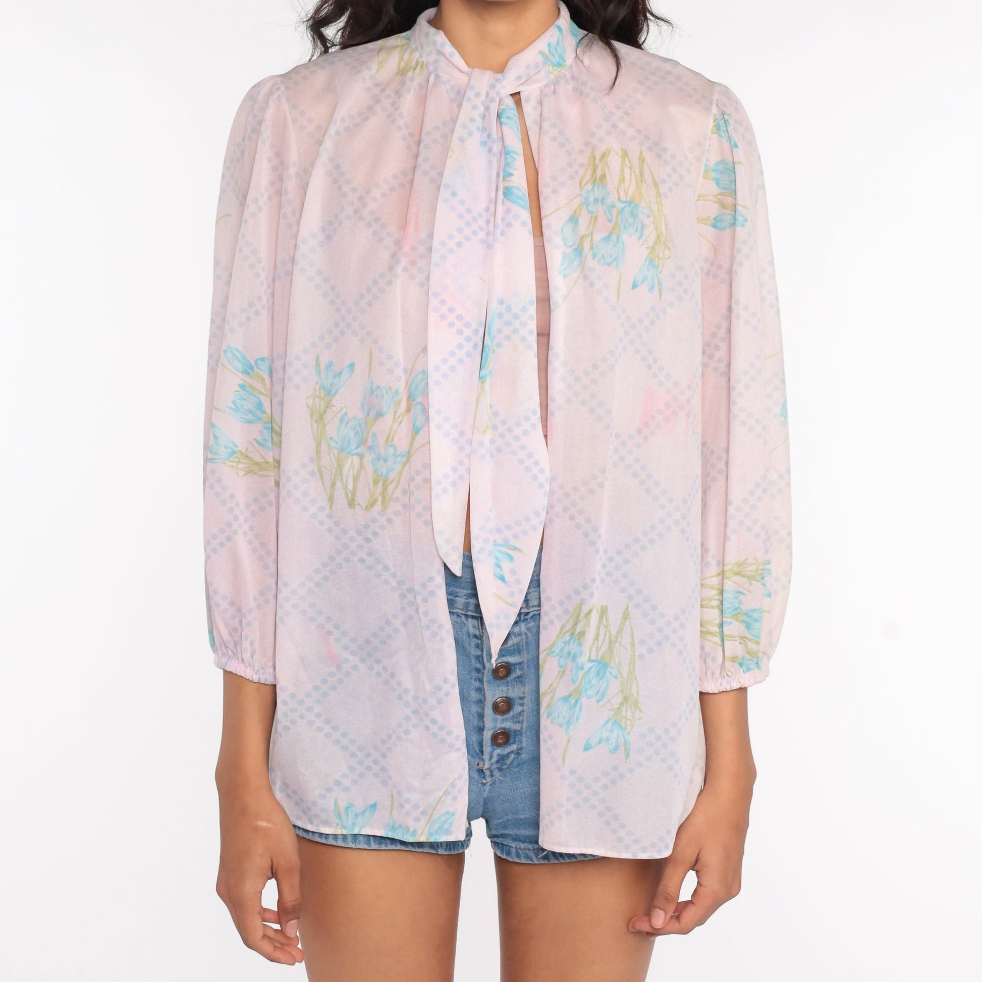 70s Floral Ascot Blouse Sheer Pink Puff Sleeve Bow Neck Medium