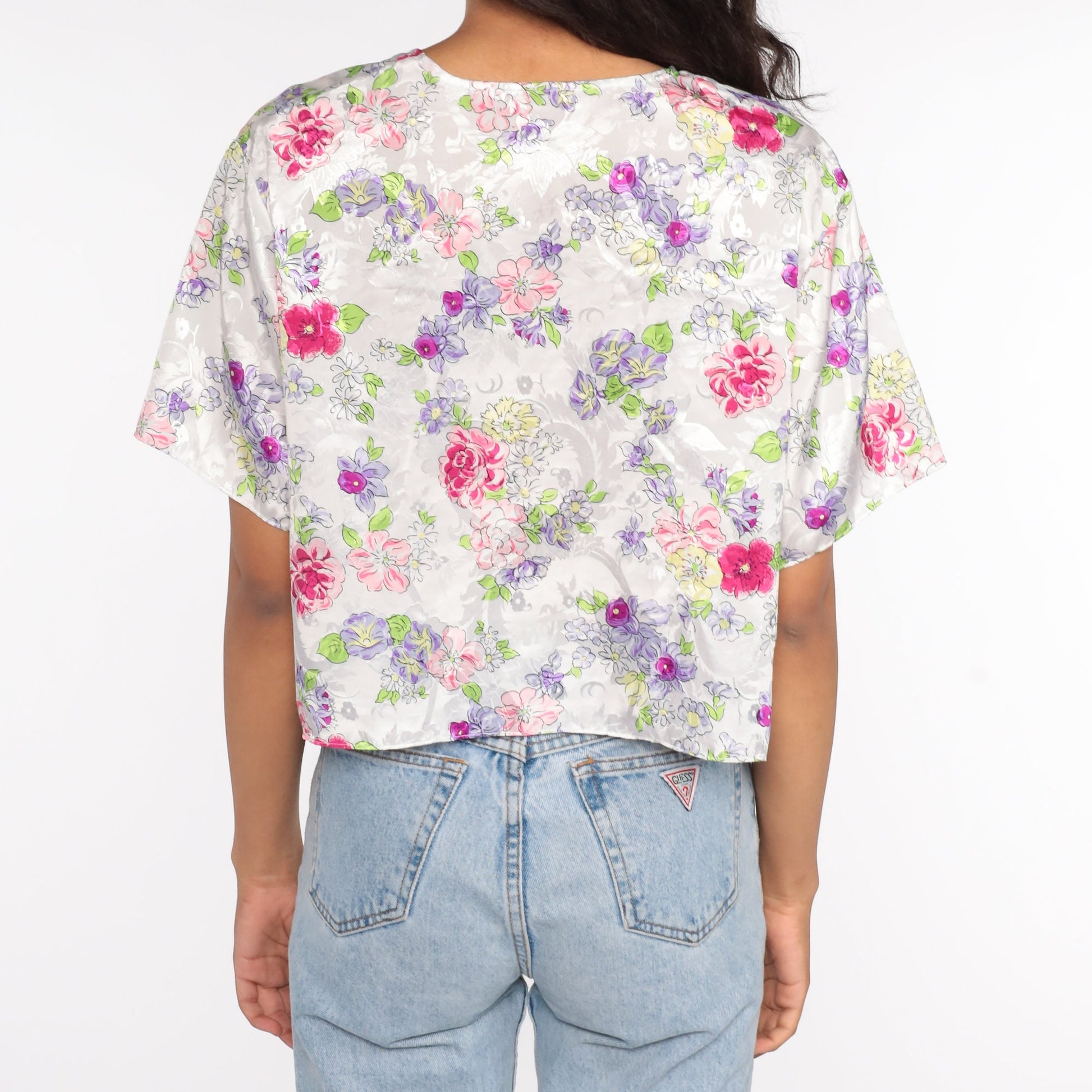 80s Floral Satin Lingerie Pajama Top Lace Crop Button-Up Large