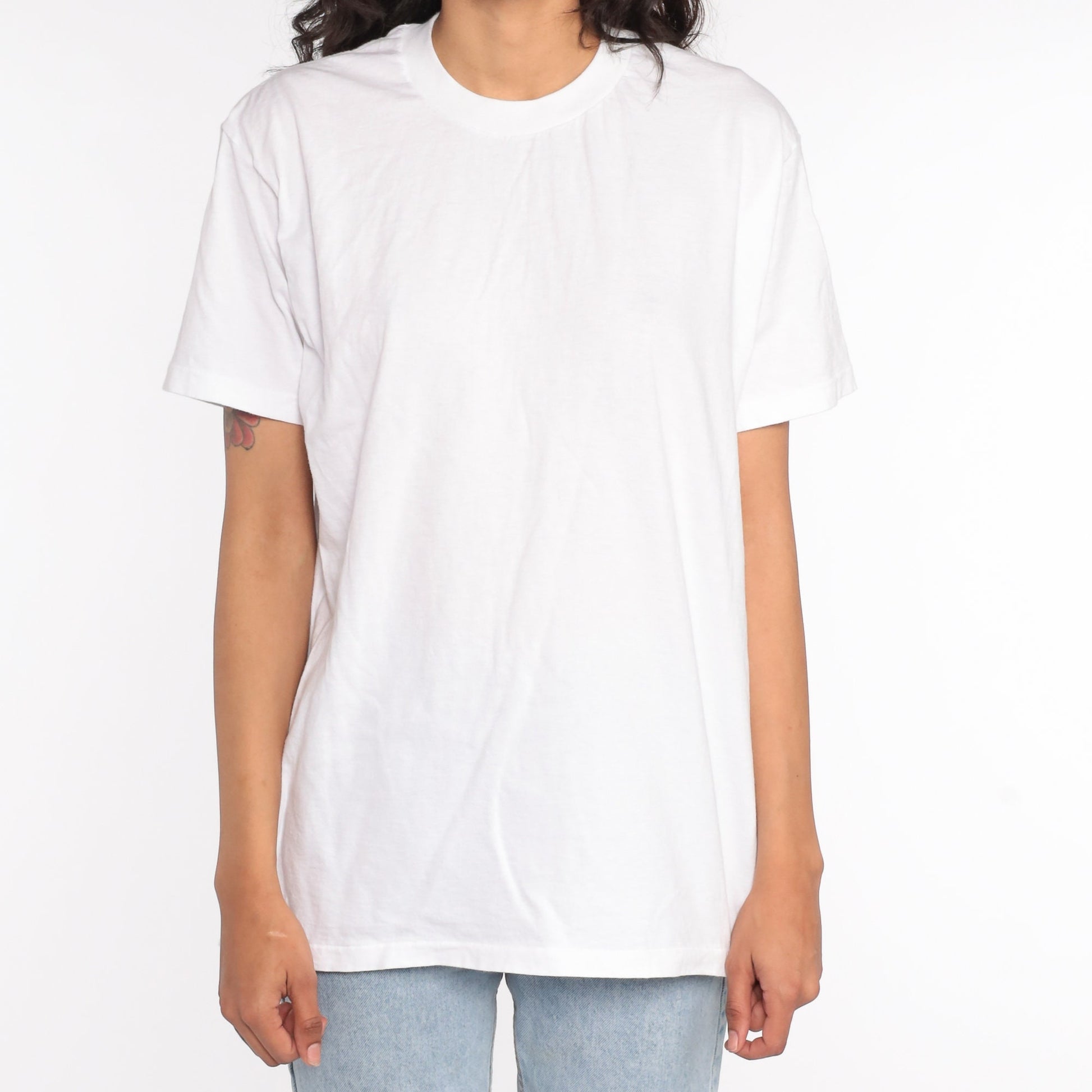 80s Plain White Cotton T-Shirt Single Stitch Crewneck Medium Large