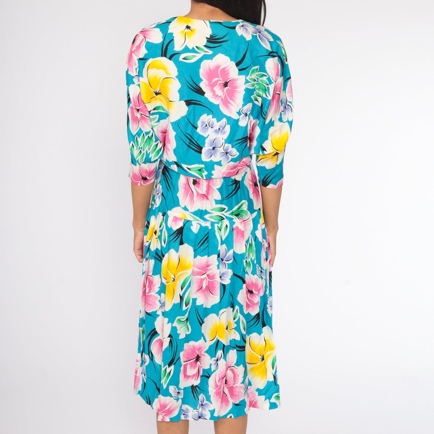 80s Floral Midi Dress Turquoise Drop Waist Button Up 3/4 Sleeve Small