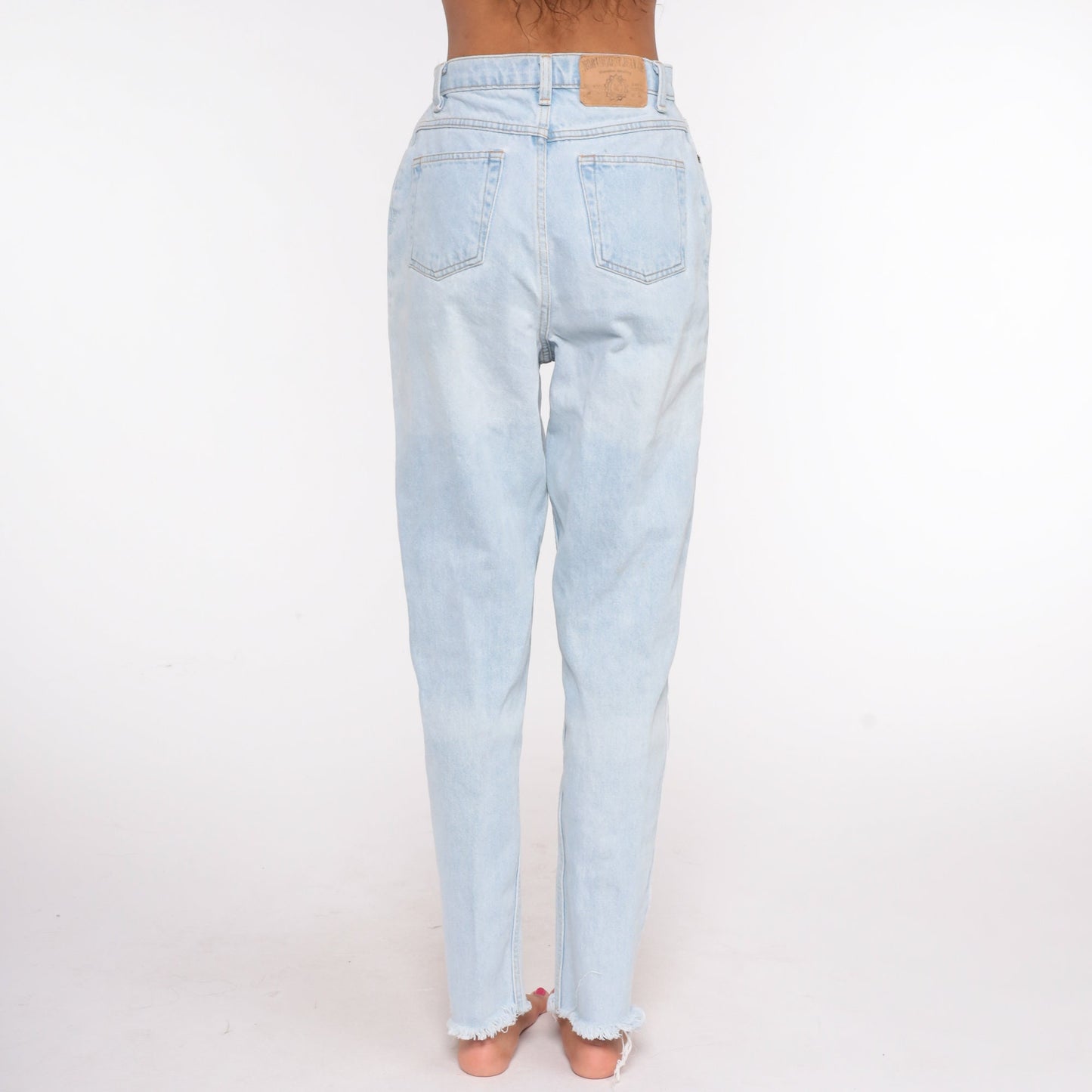 90s High Waisted Blue Denim Jeans Tapered Ankle Raw Hem Small 27