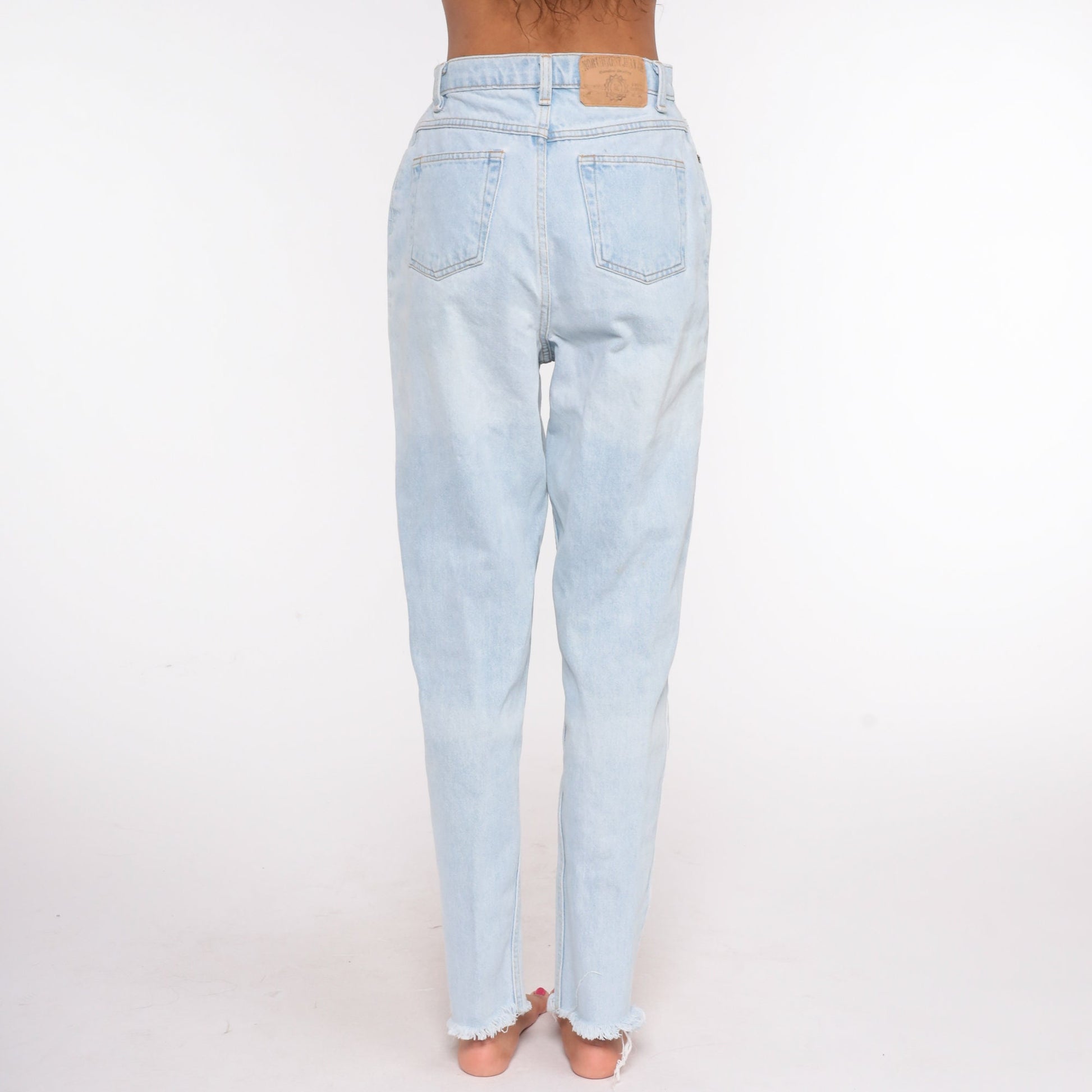 90s High Waisted Blue Denim Jeans Tapered Ankle Raw Hem Small 27