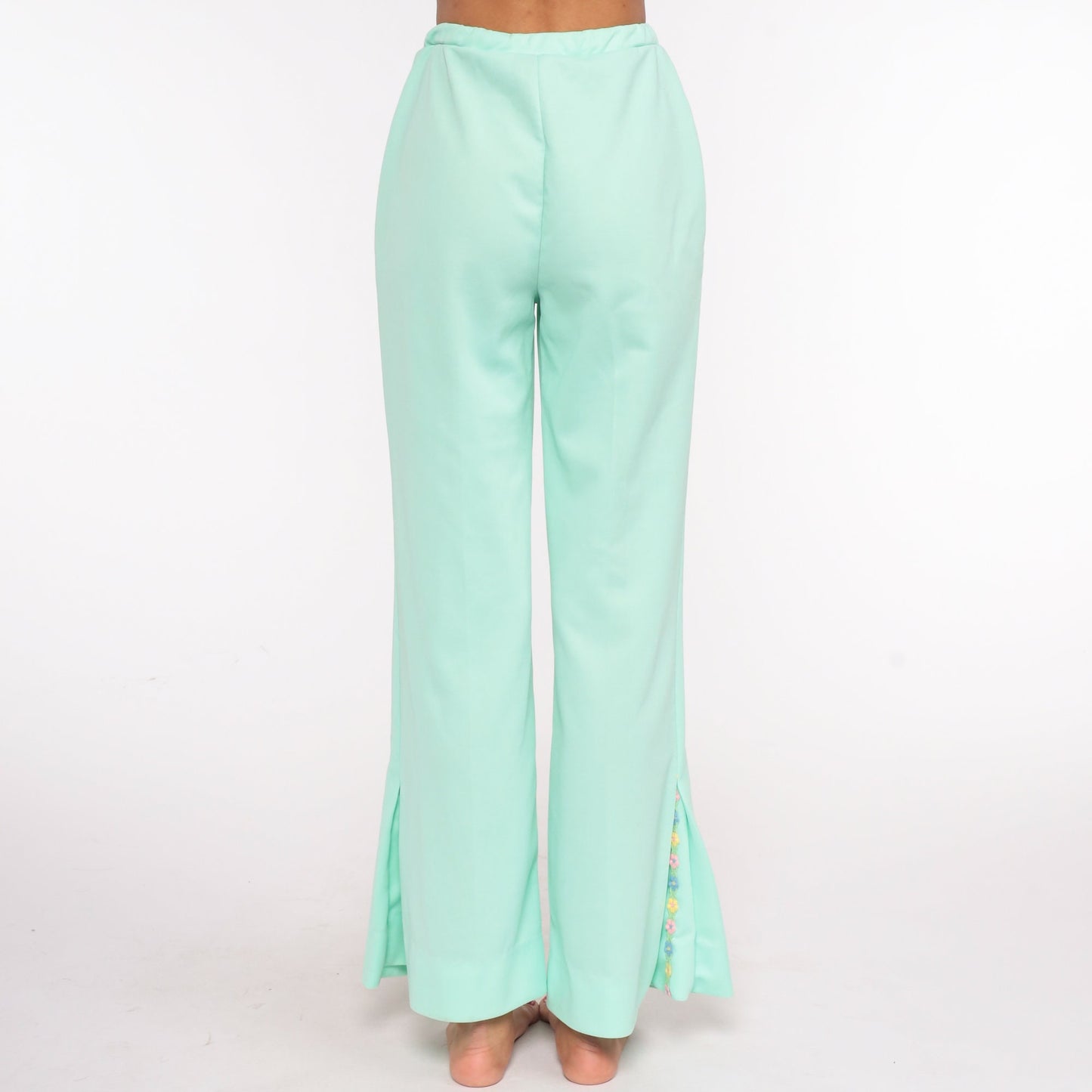 70s Mint Green Floral Bell Bottom Trousers High Waist Small