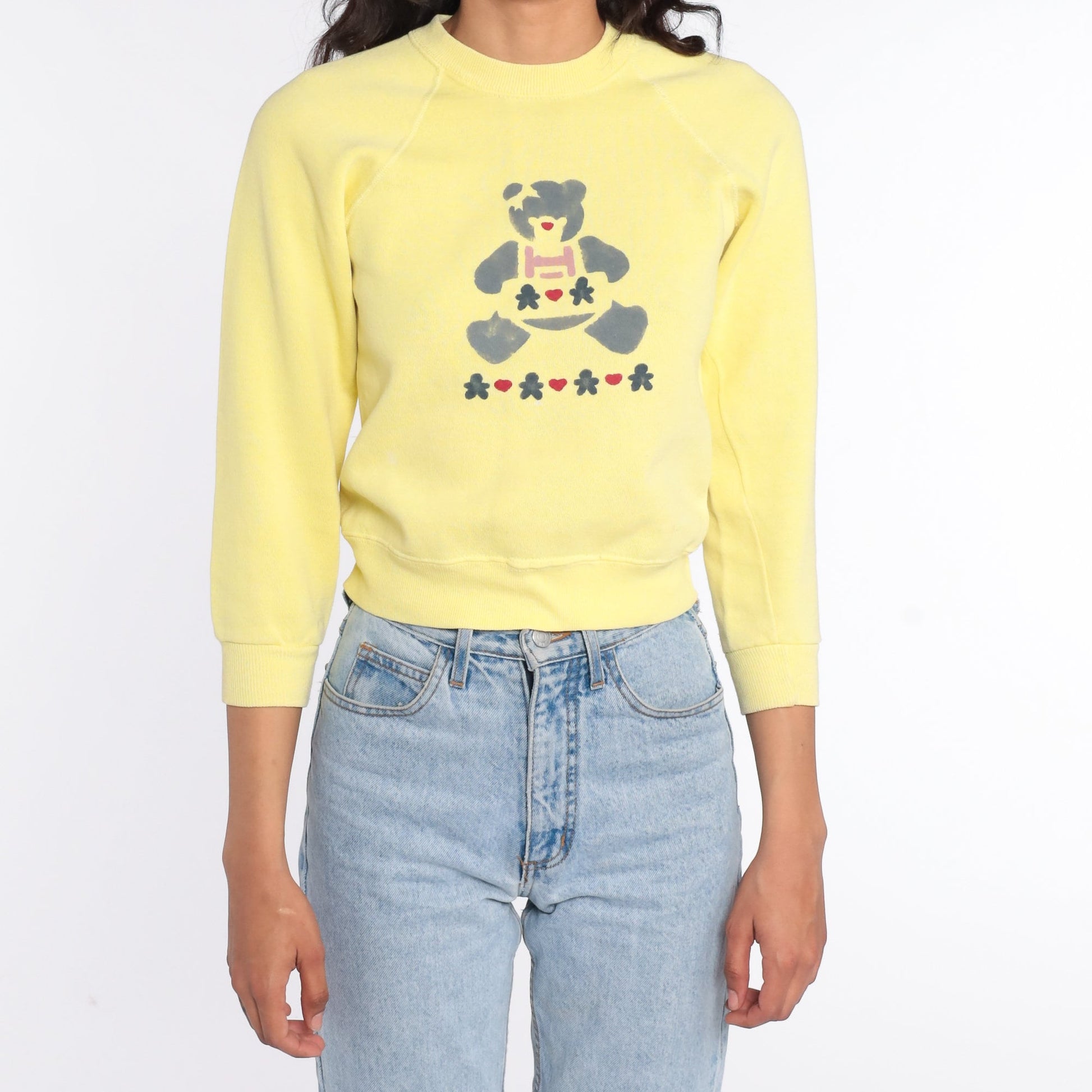 80s Teddy Bear Print Raglan Sweatshirt Yellow Graphic Crewneck XXS