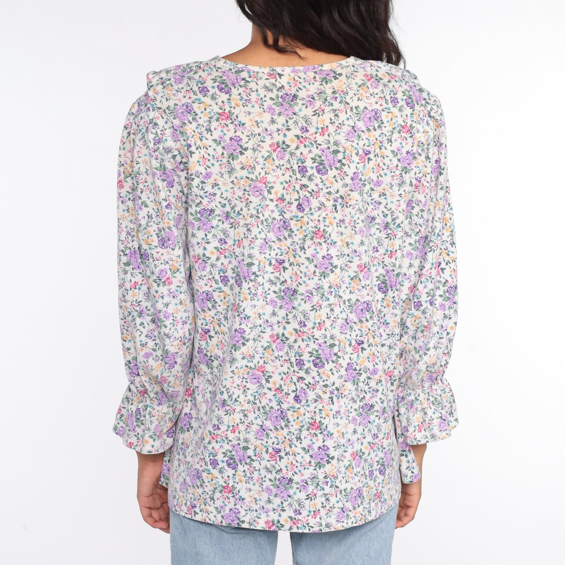 80s Floral Tuxedo Blouse Purple Ruffle Long Sleeve Medium