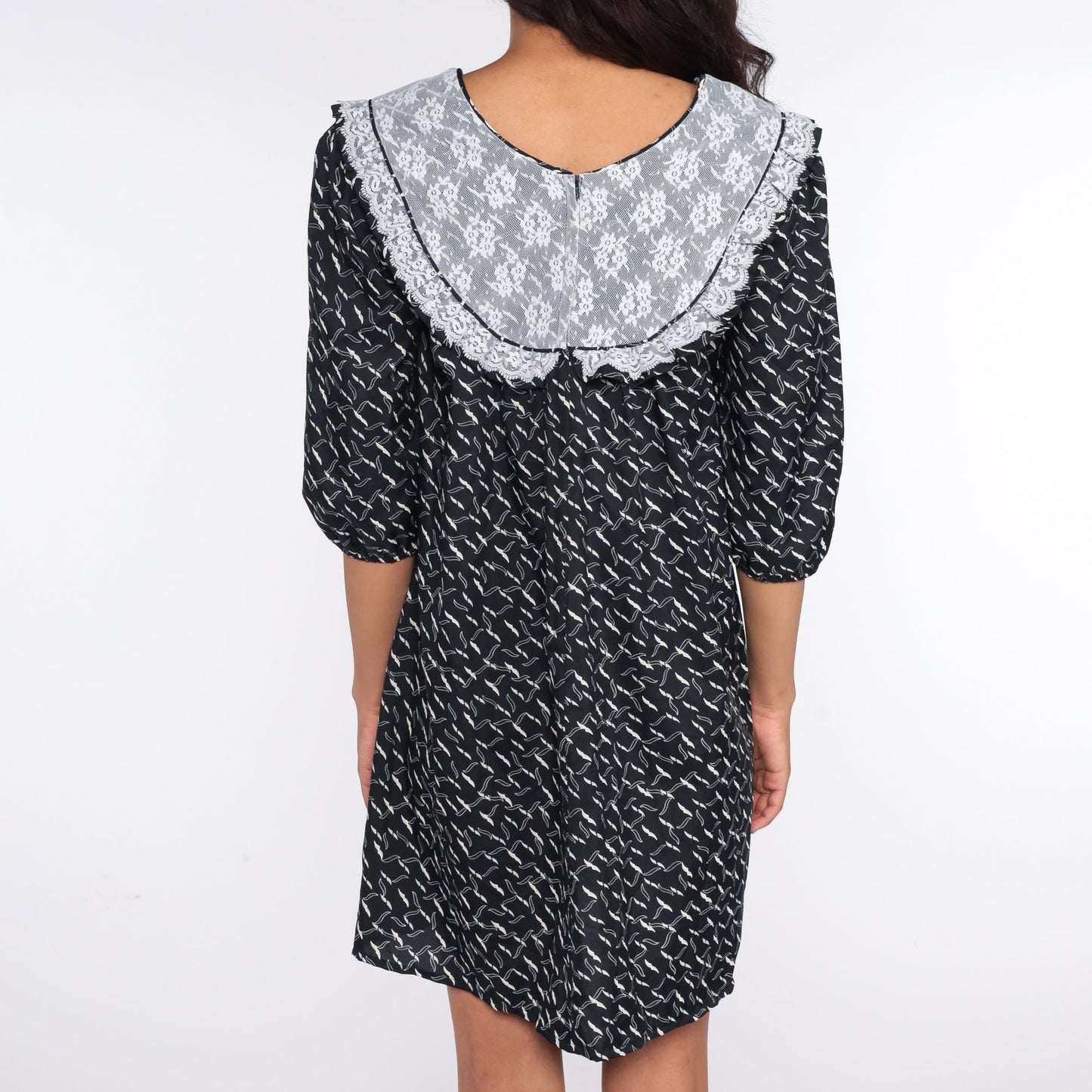 80s Black Geometric Lace Bib Mini Dress Tent Cut Small S