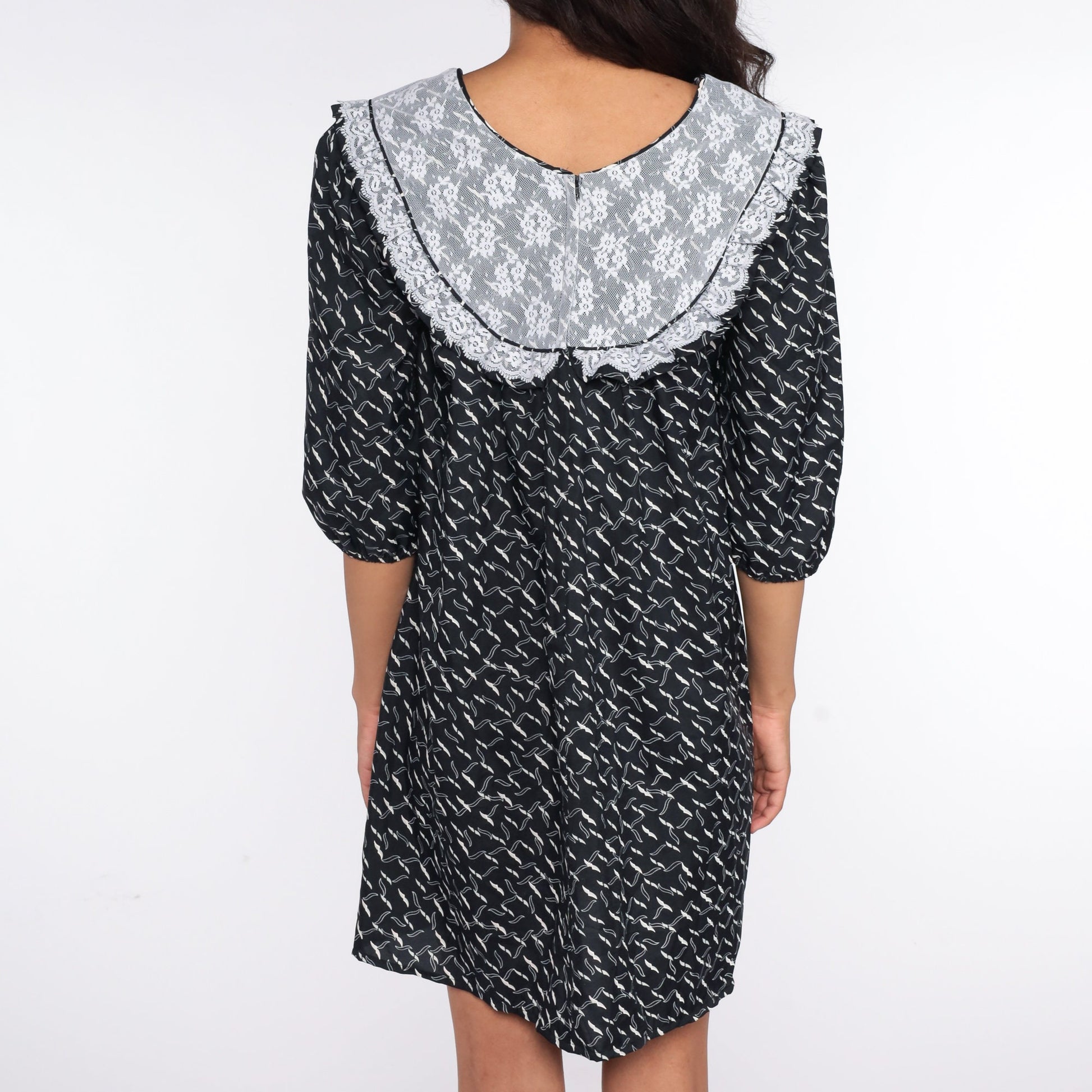80s Black Geometric Lace Bib Mini Dress Tent Cut Small S