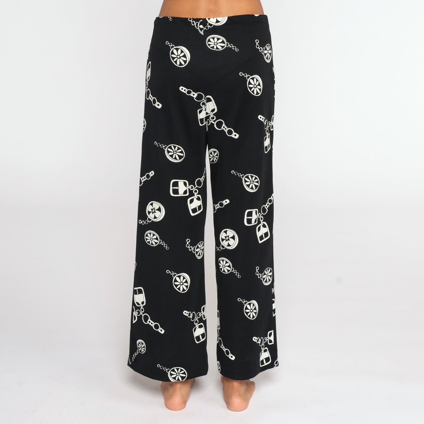 70s Black White Chain Print High Waist Bell Bottom Trousers Medium