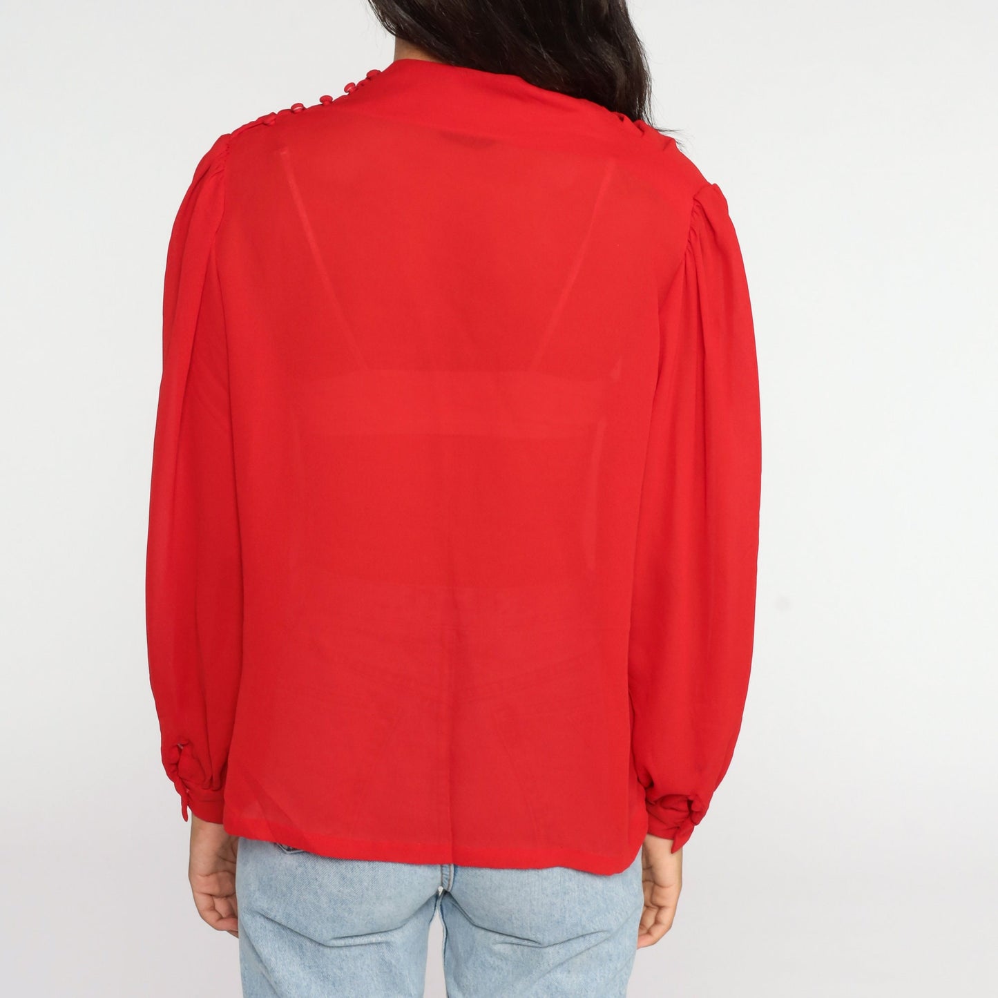 80s Red Sheer Cowl Neck Blouse Puff Sleeve Party Top Large L