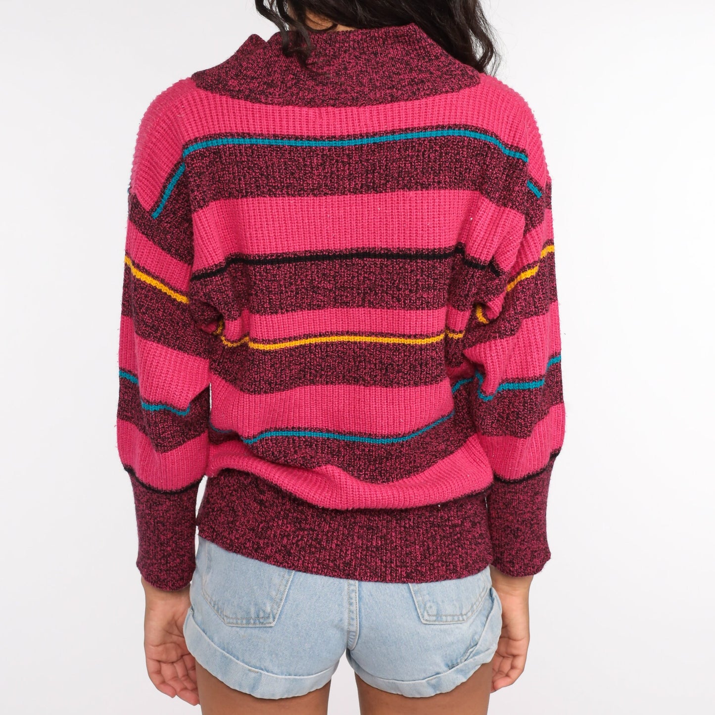 80s Gitano Striped V-Neck Sweater Hot Pink Pullover Medium