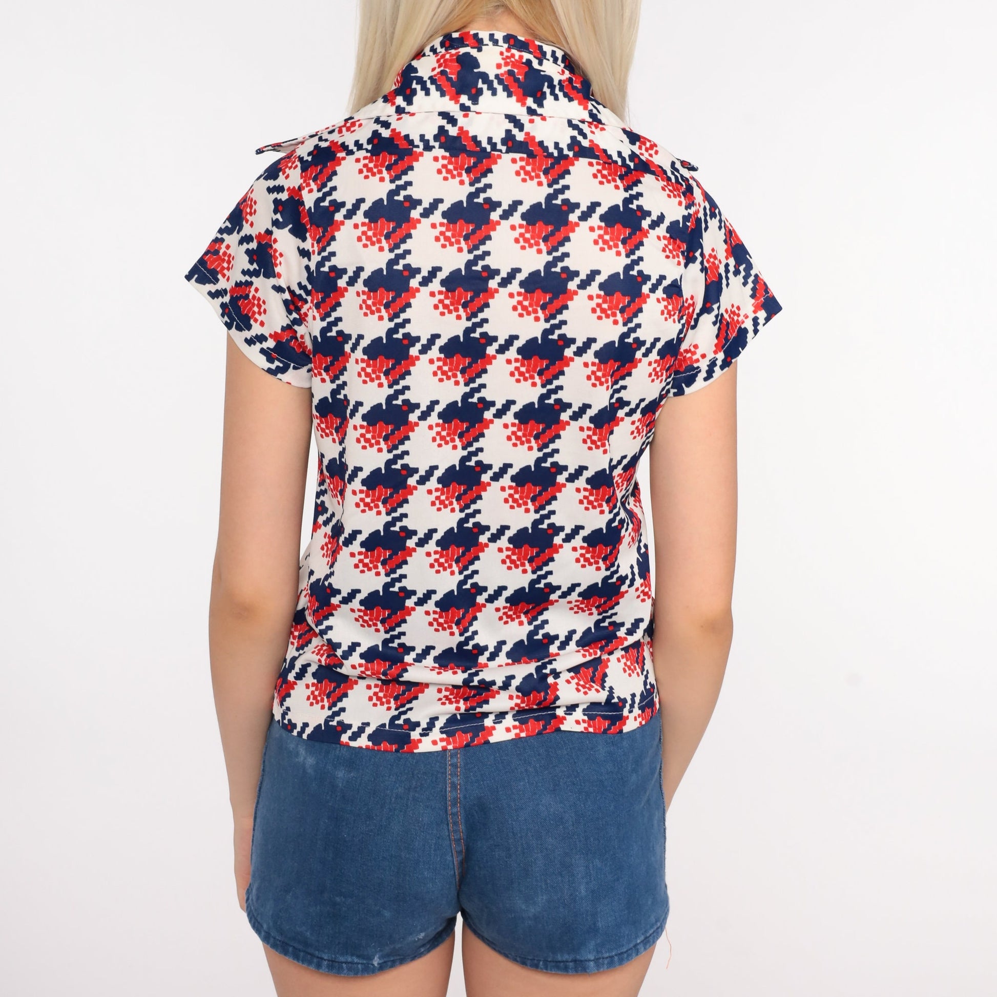 70s Geometric Print Button Up Shirt Brown Red White Blue Small