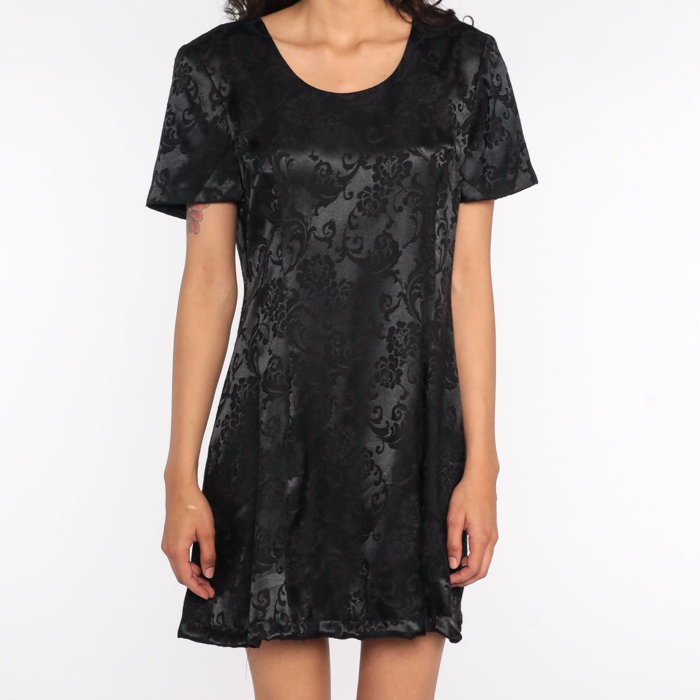 90s Black Satin Shift Mini Dress Floral Cage Back Rhinestone Medium