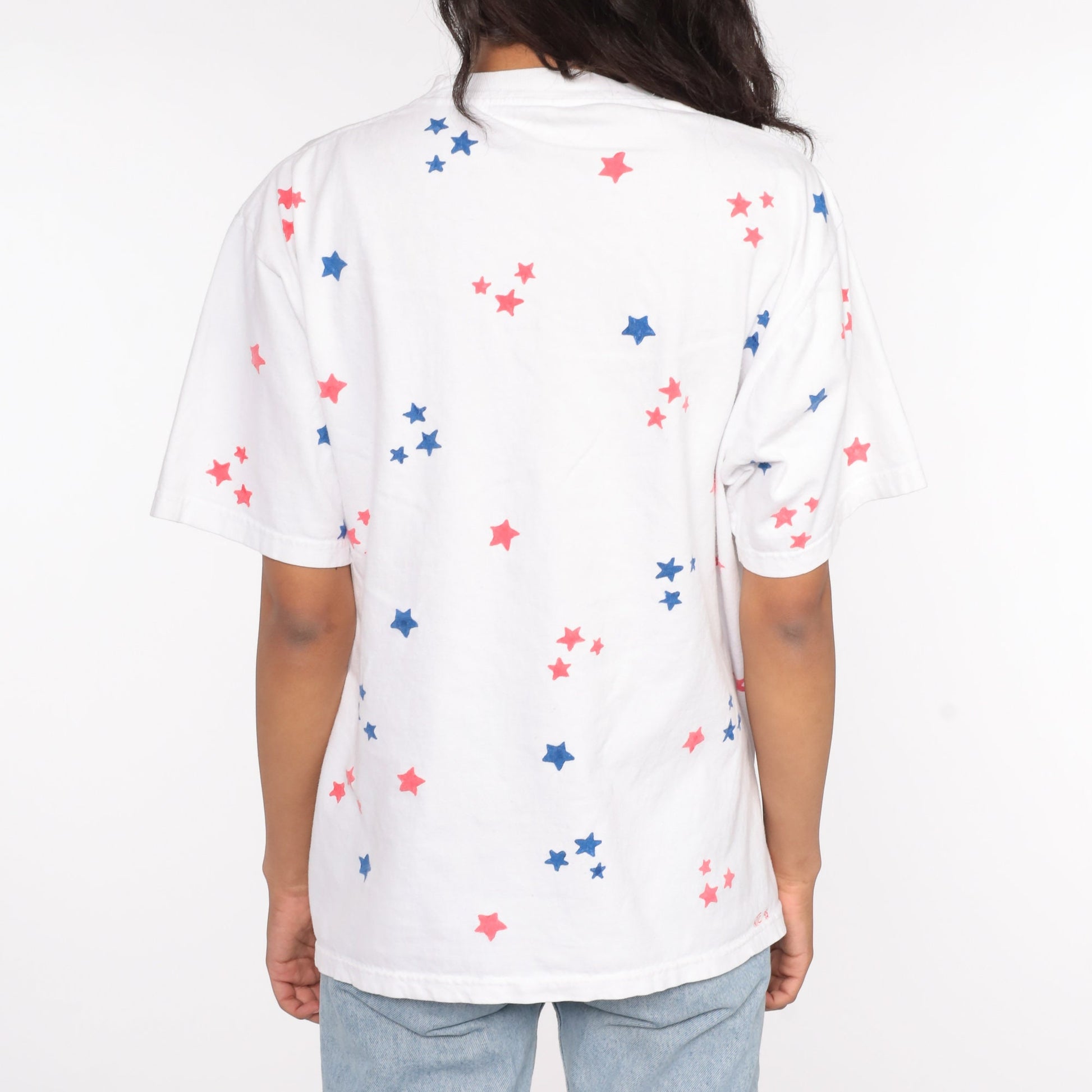 80s Star Print T-Shirt Red White Blue Geometric All Over Graphic Cotton Large