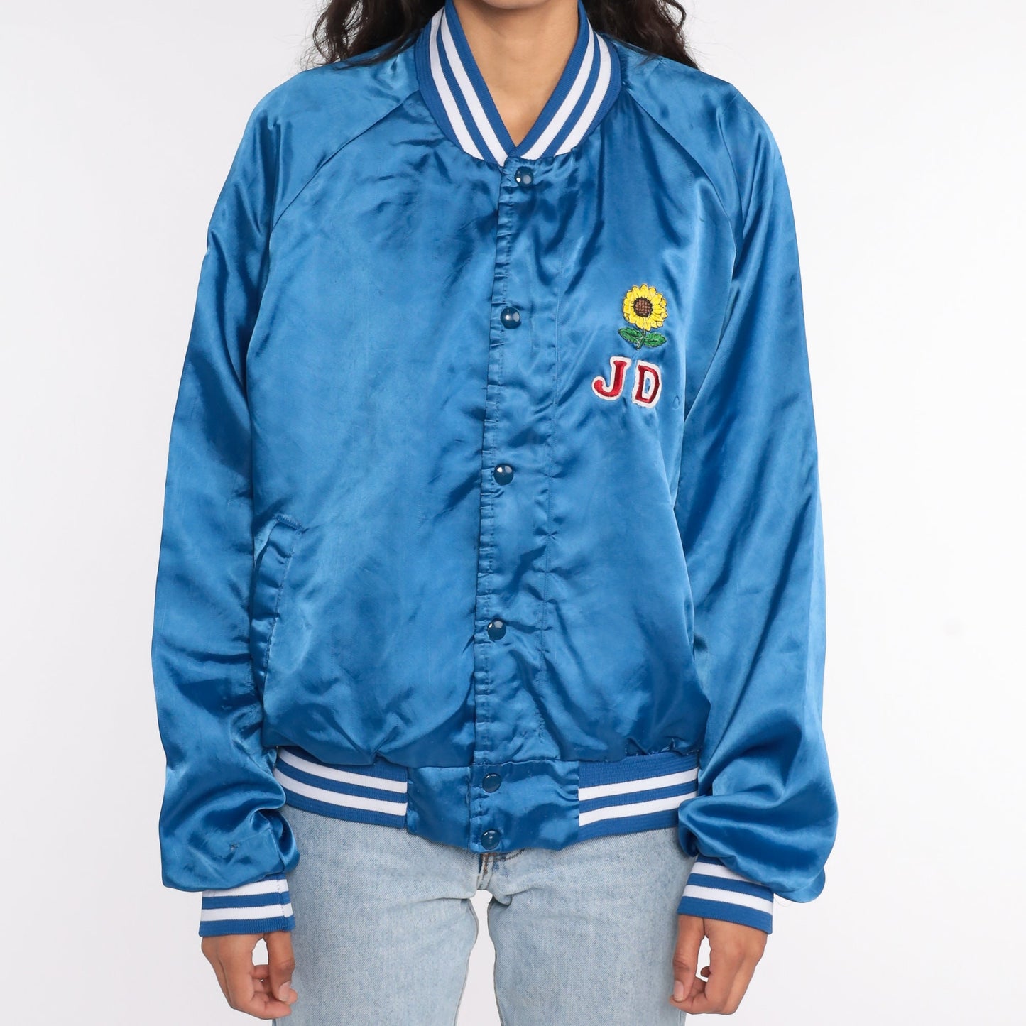 80s Bird City Kansas Satin Bomber Jacket Blue Snap Centennial XXL
