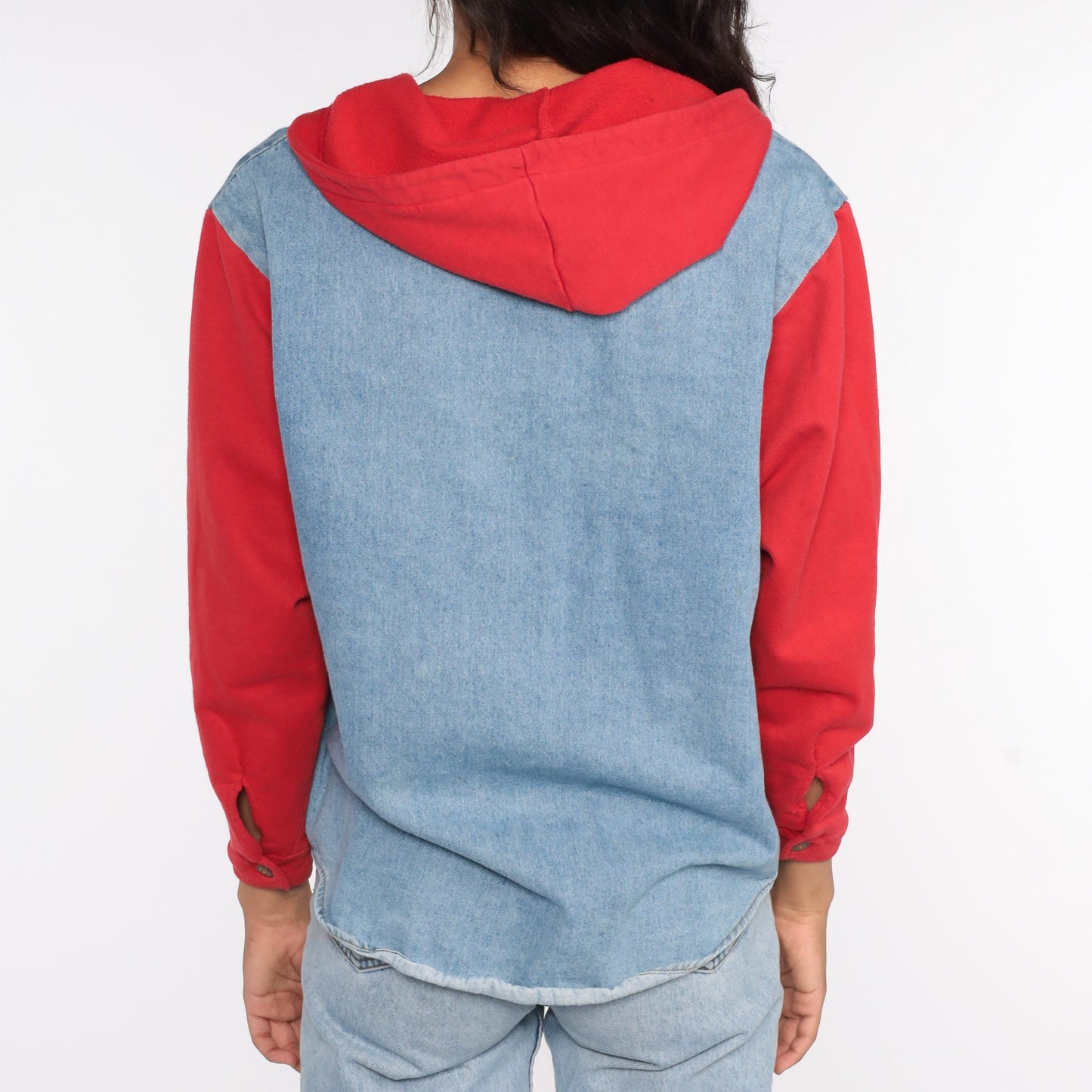 90s Blue Denim Hooded Button-Up Shirt Red Hood Cotton Small