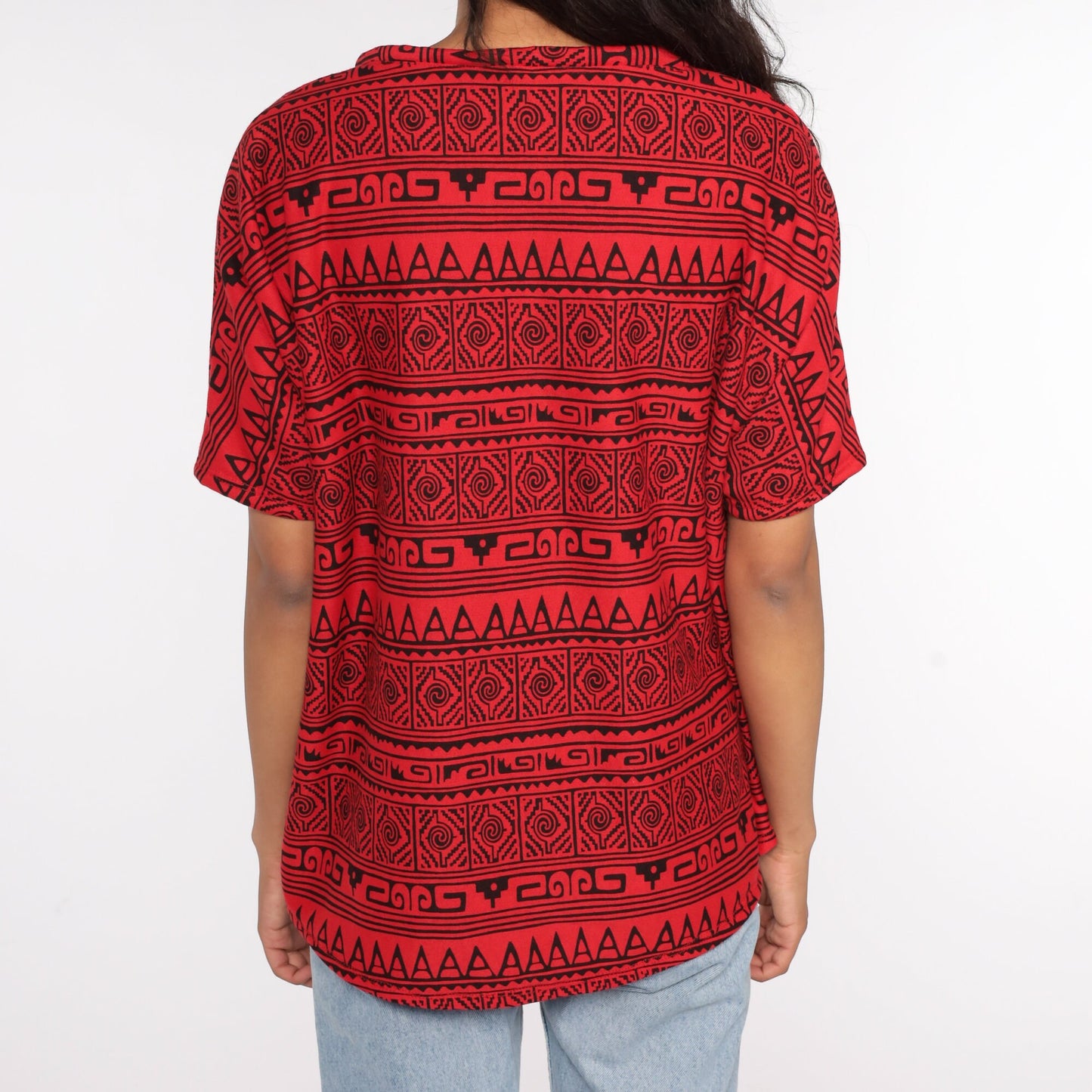 90s Geometric Diamond Print T-Shirt Red Graphic Tee Large