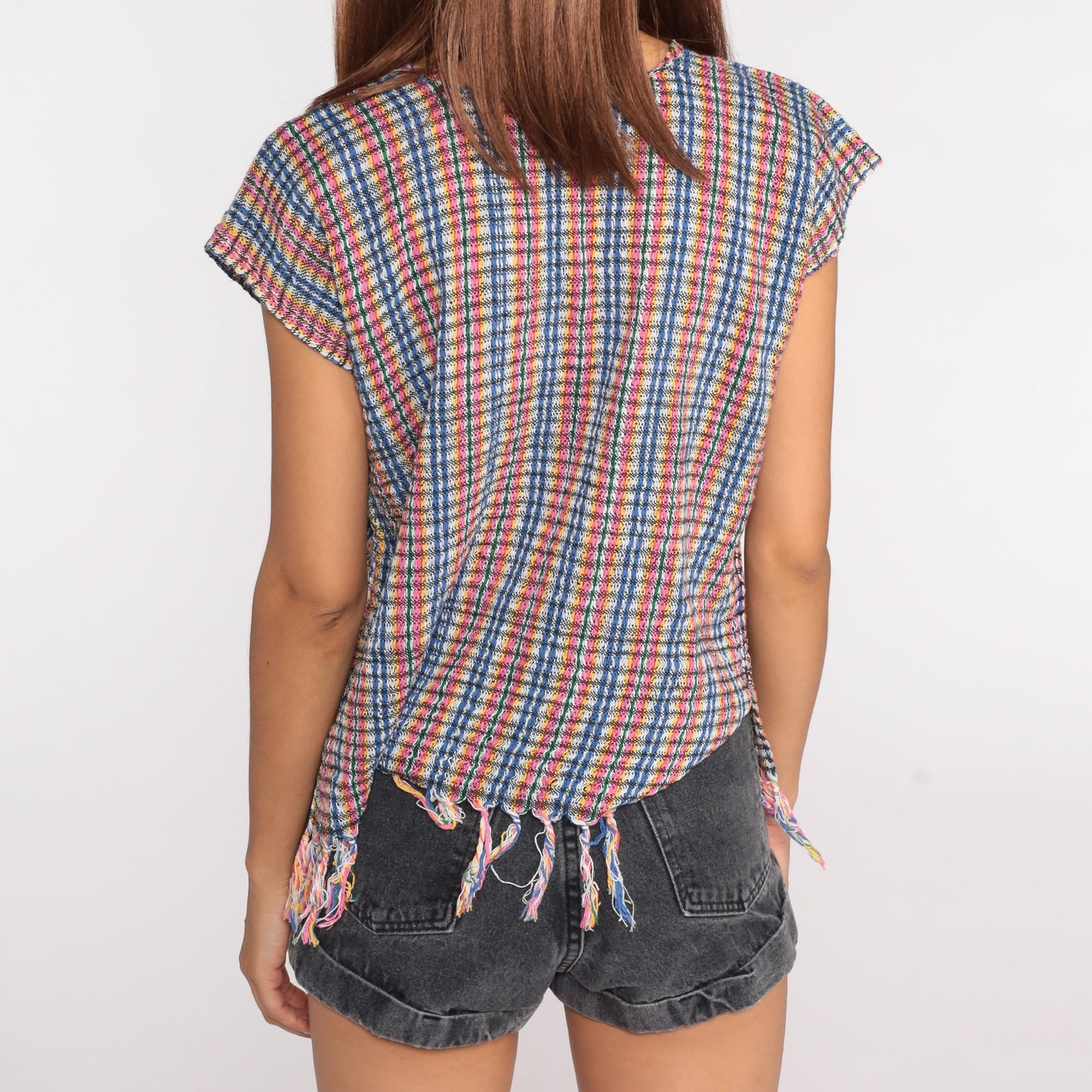 90s Striped Fringe Tunic Top Cotton Blend Short Sleeve Small