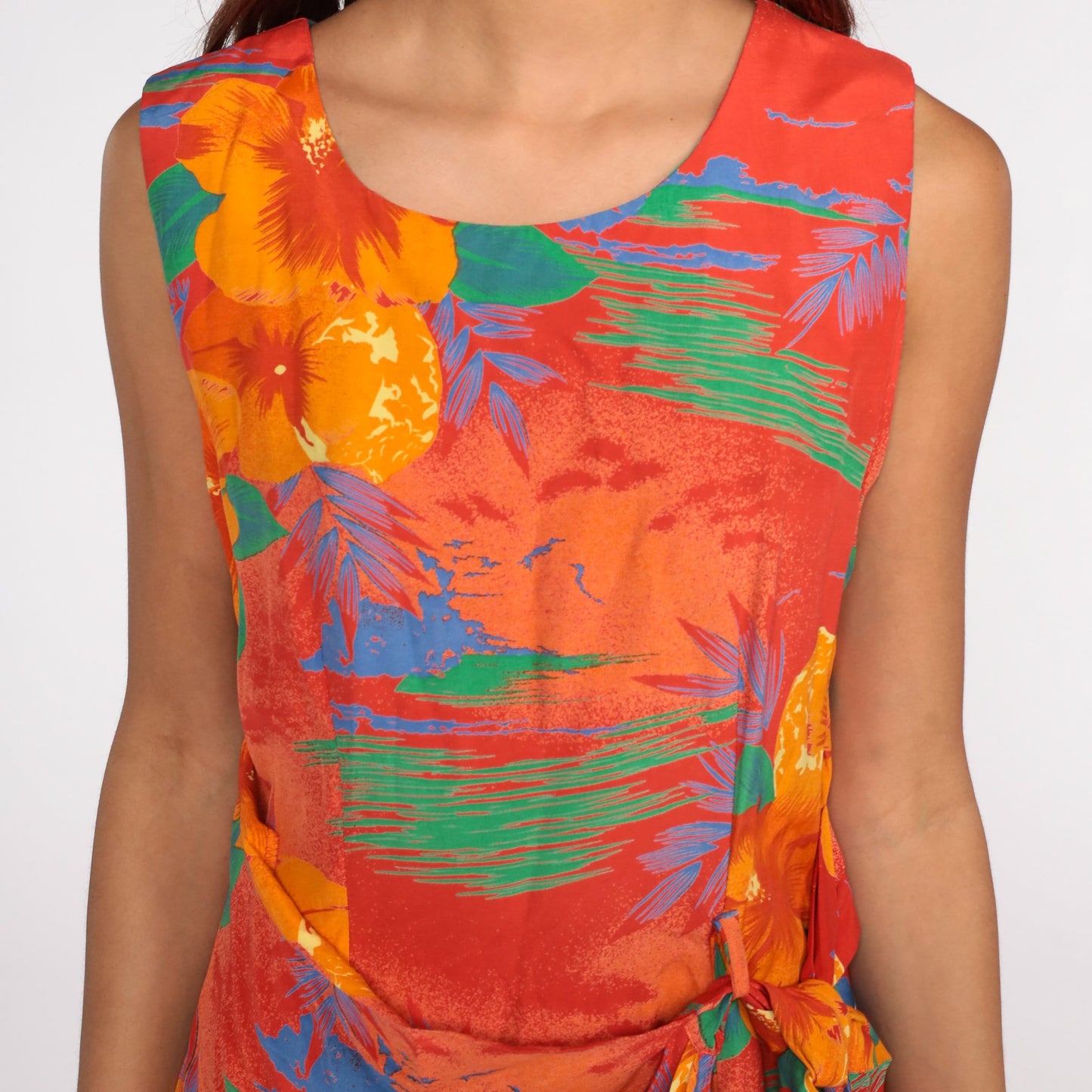 80s Tropical Floral Mini Wrap Dress Orange Short Sleeve Medium