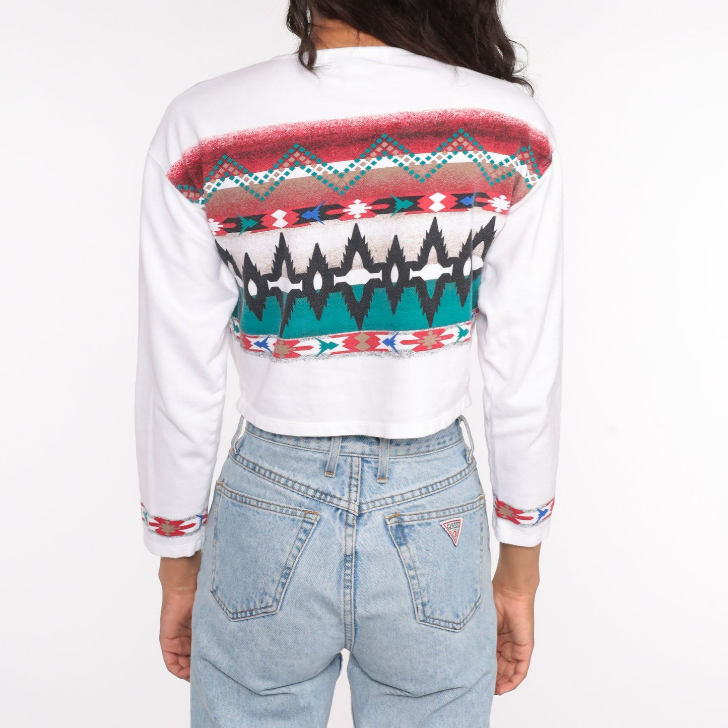 80s Southwestern Geometric Crop Top Striped Long Sleeve Cotton Medium