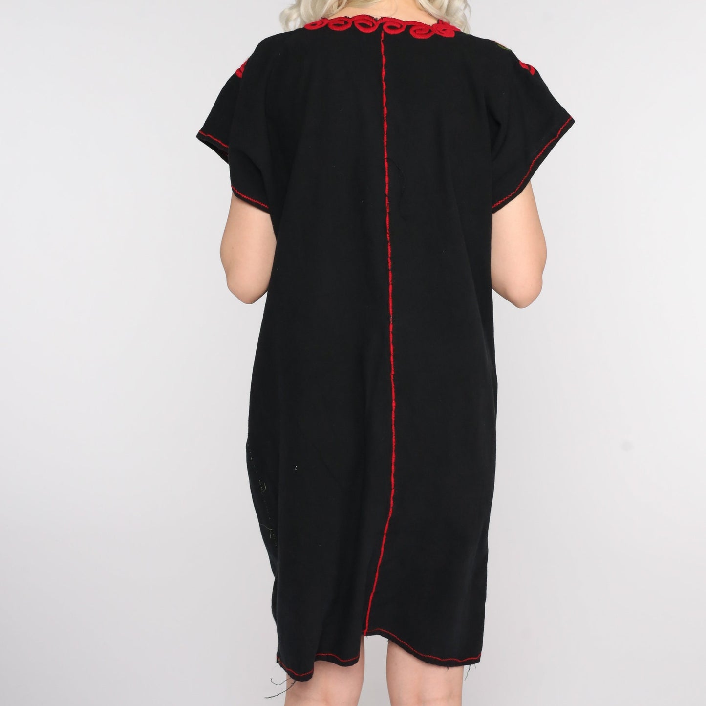 80s Black Cotton Mexican Tunic Dress Floral Embroidery Medium