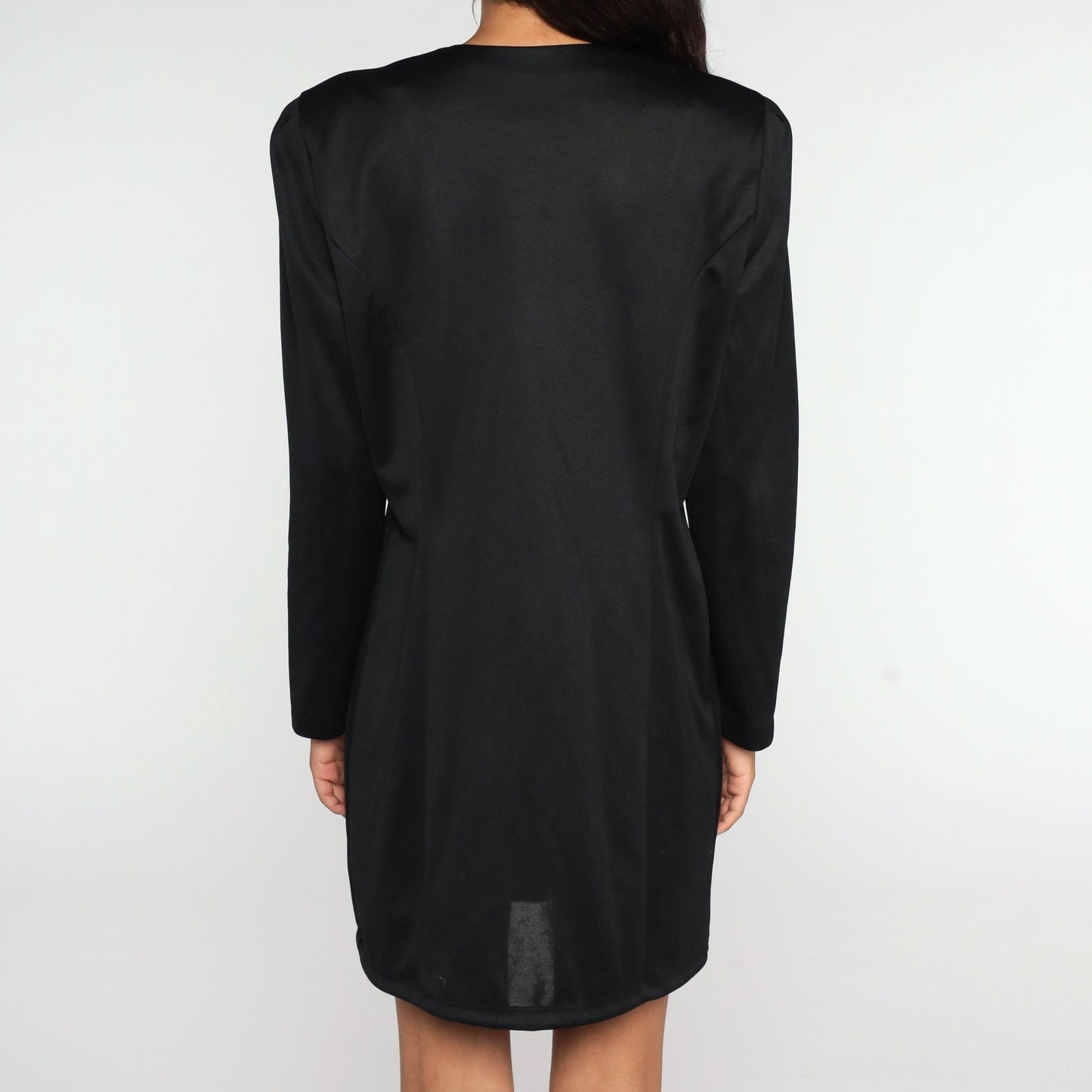 80s Black Mini Dress Rainbow Button Up Long Sleeve Sheath Large 12