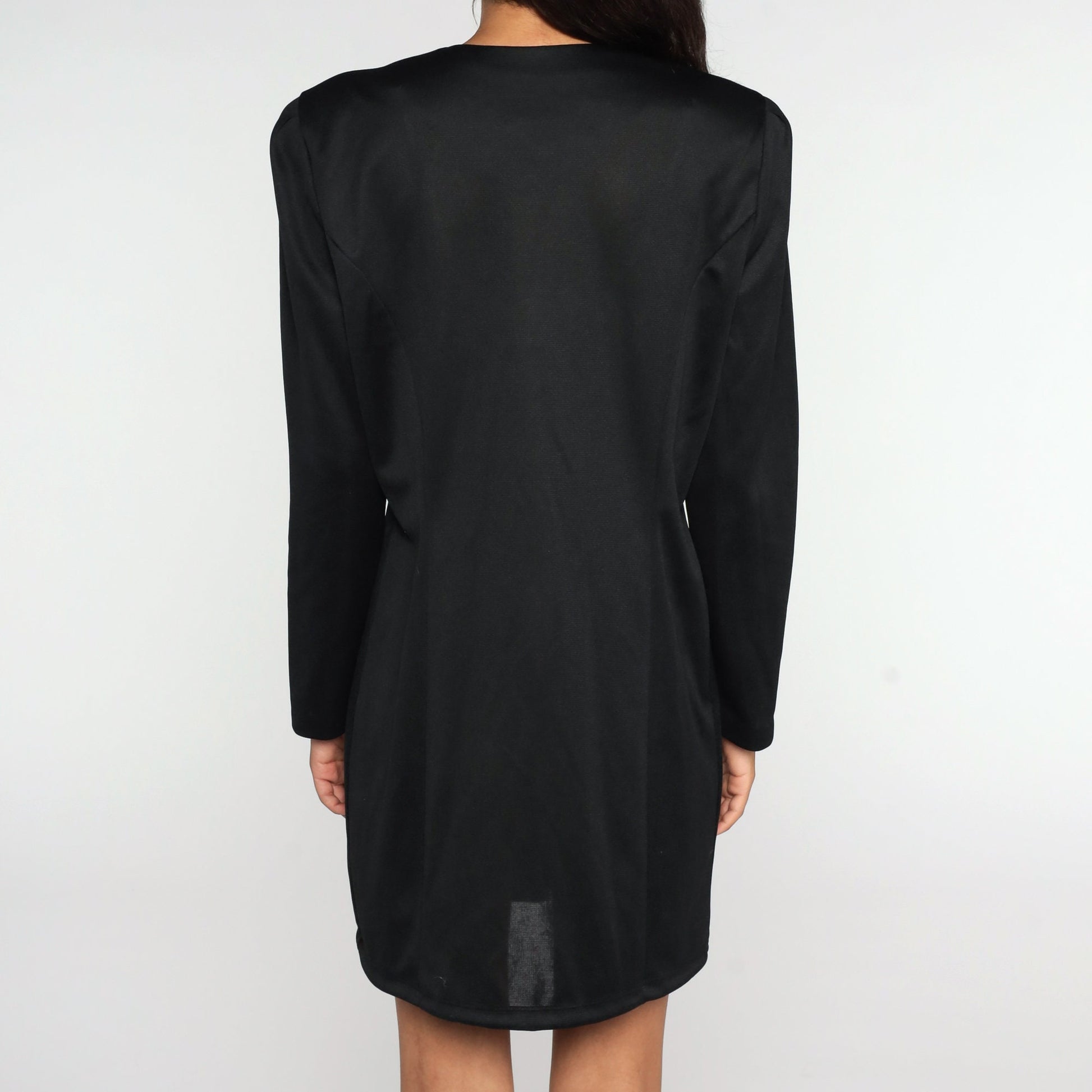 80s Black Mini Dress Rainbow Button Up Long Sleeve Sheath Large 12