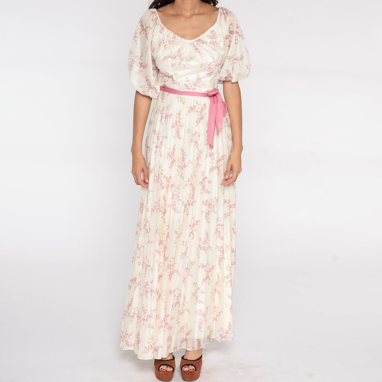 70s Floral Maxi Dress Off-White Pink High Waist Pleated Small
