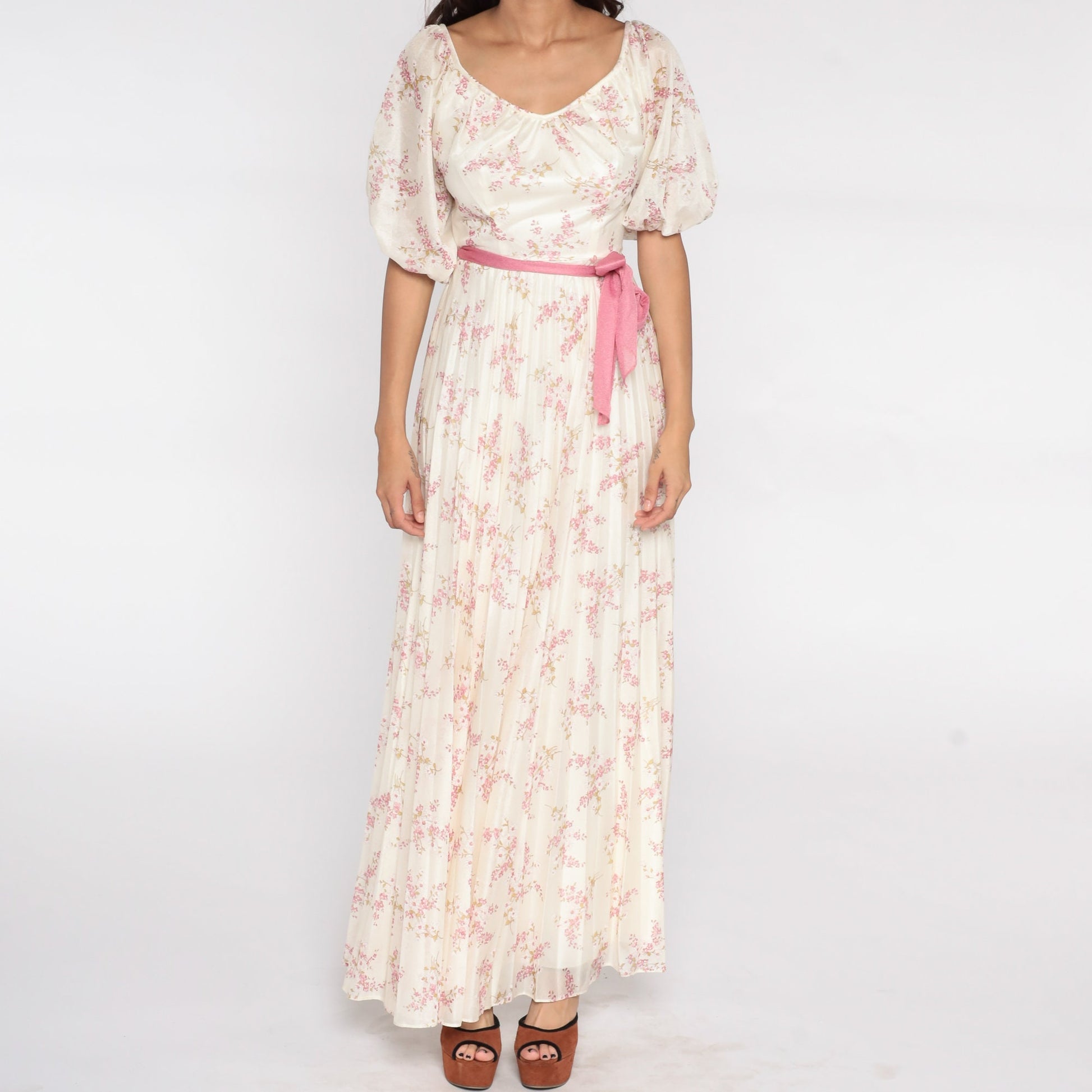 70s Floral Maxi Dress Off-White Pink High Waist Pleated Small