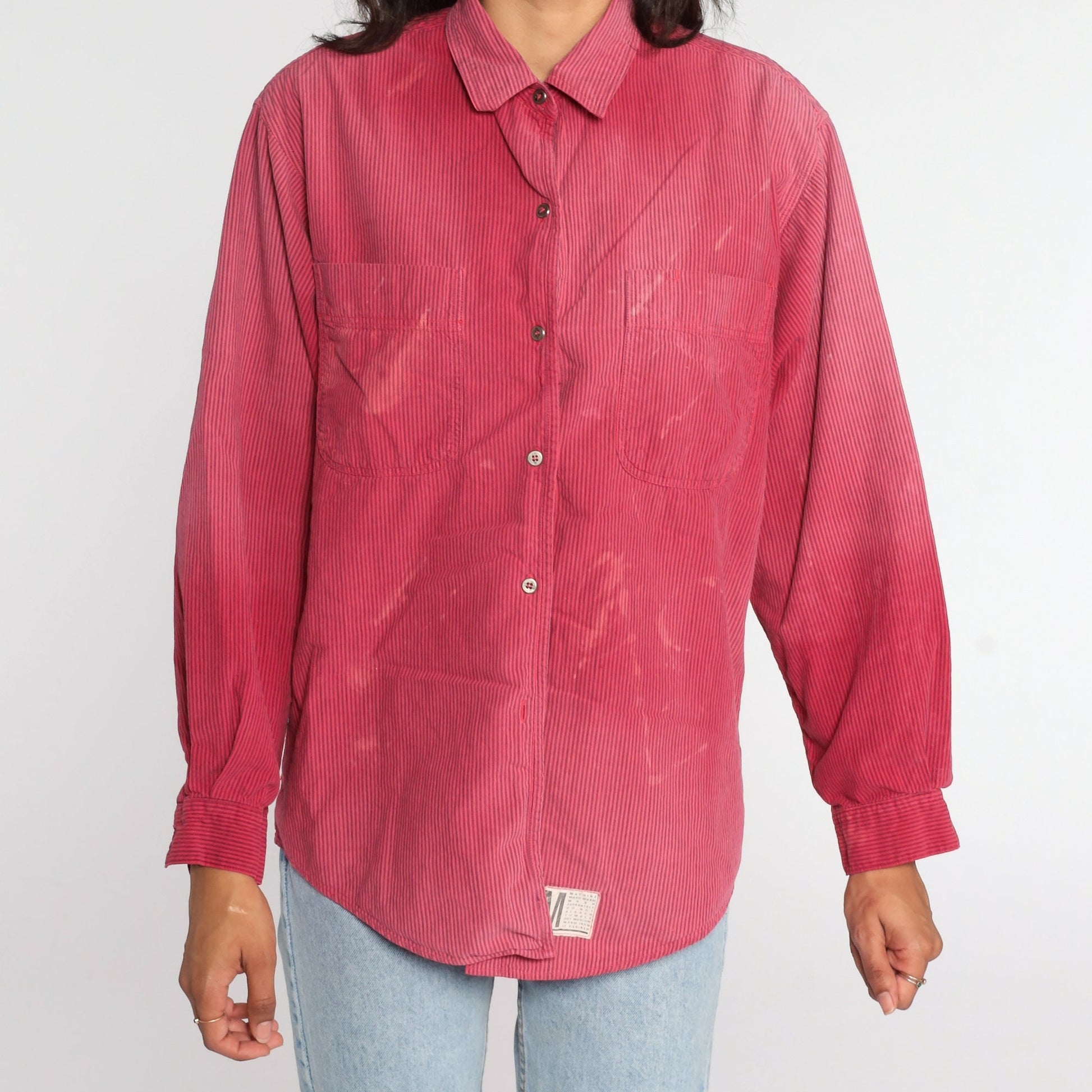 90s Calvin Klein Red Striped Oxford Button-Up Shirt Distressed Cotton Medium