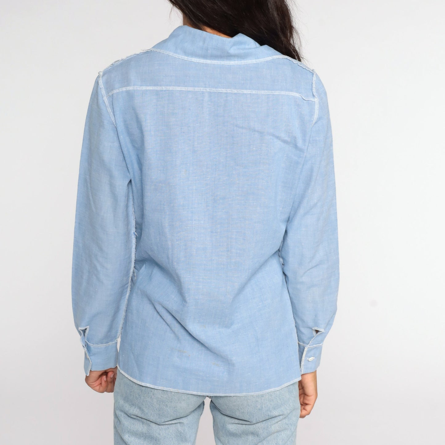 70s Blue Chambray Cotton Button-Up Shirt Long Sleeve Medium