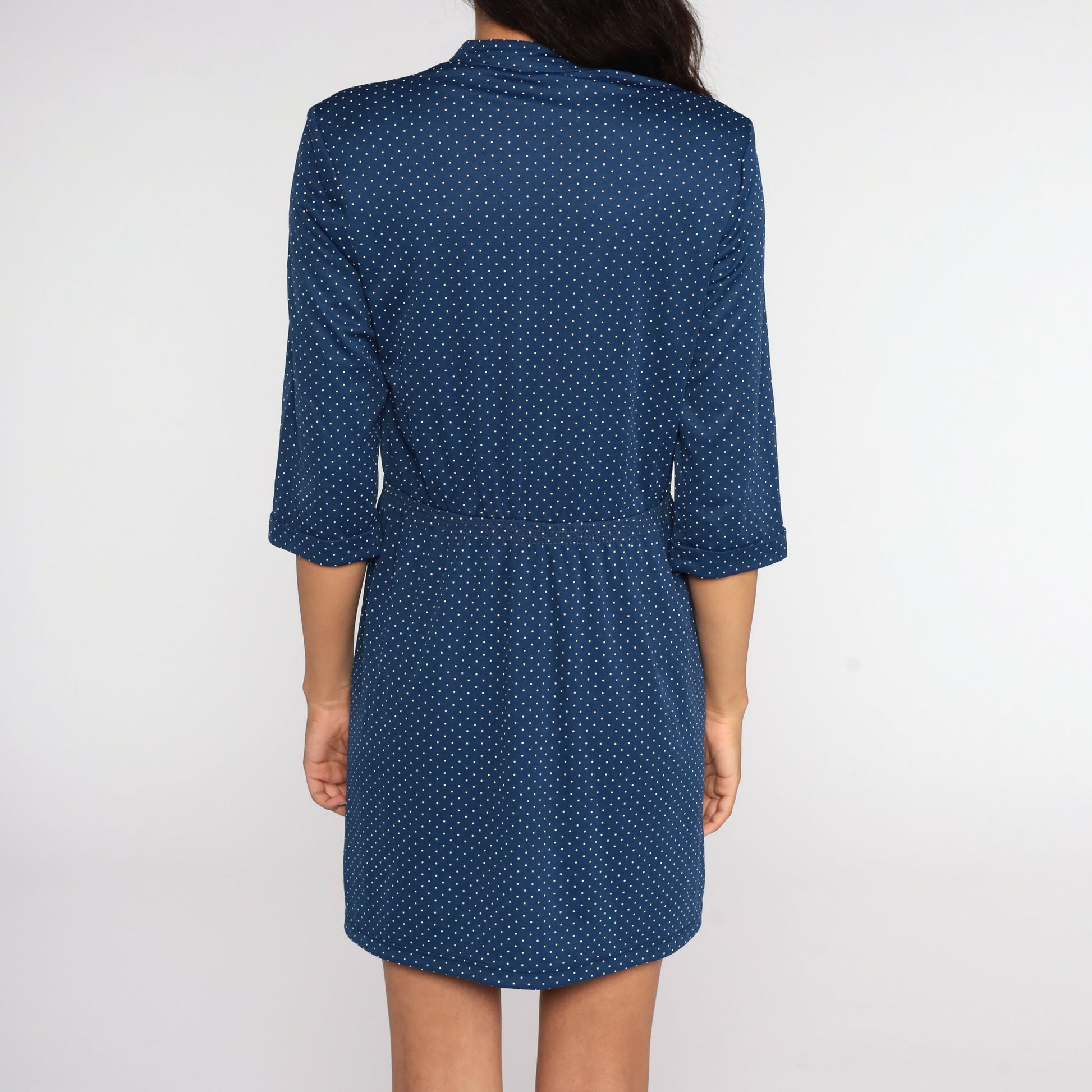 70s Blue Polka Dot Mini Dress High Waisted Short Sleeve Medium