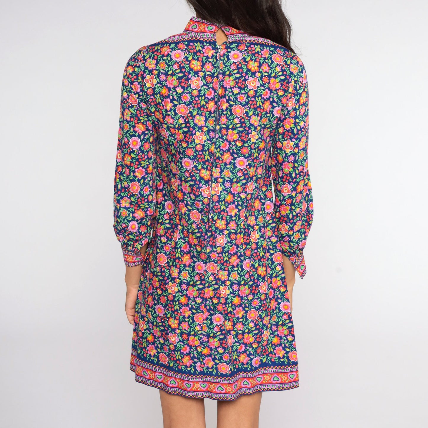60s Psychedelic Floral Mini Shift Dress Balloon Sleeve Blue Purple Small