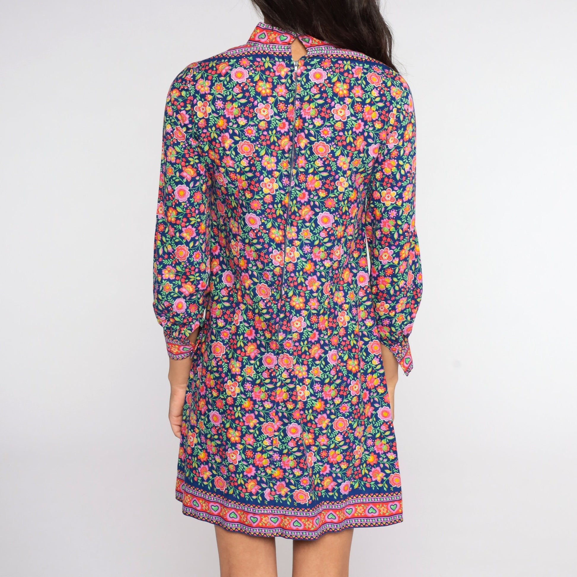 60s Psychedelic Floral Mini Shift Dress Balloon Sleeve Blue Purple Small