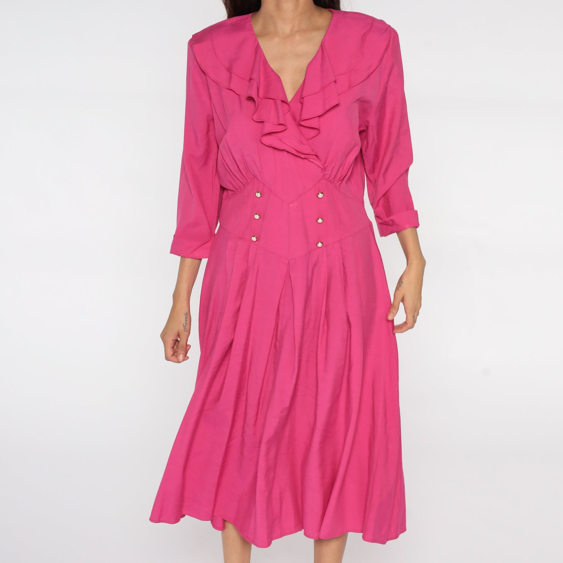 80s Pink Pleated Midi Dress High Waist Button Up Ruffle V-Neck Large L