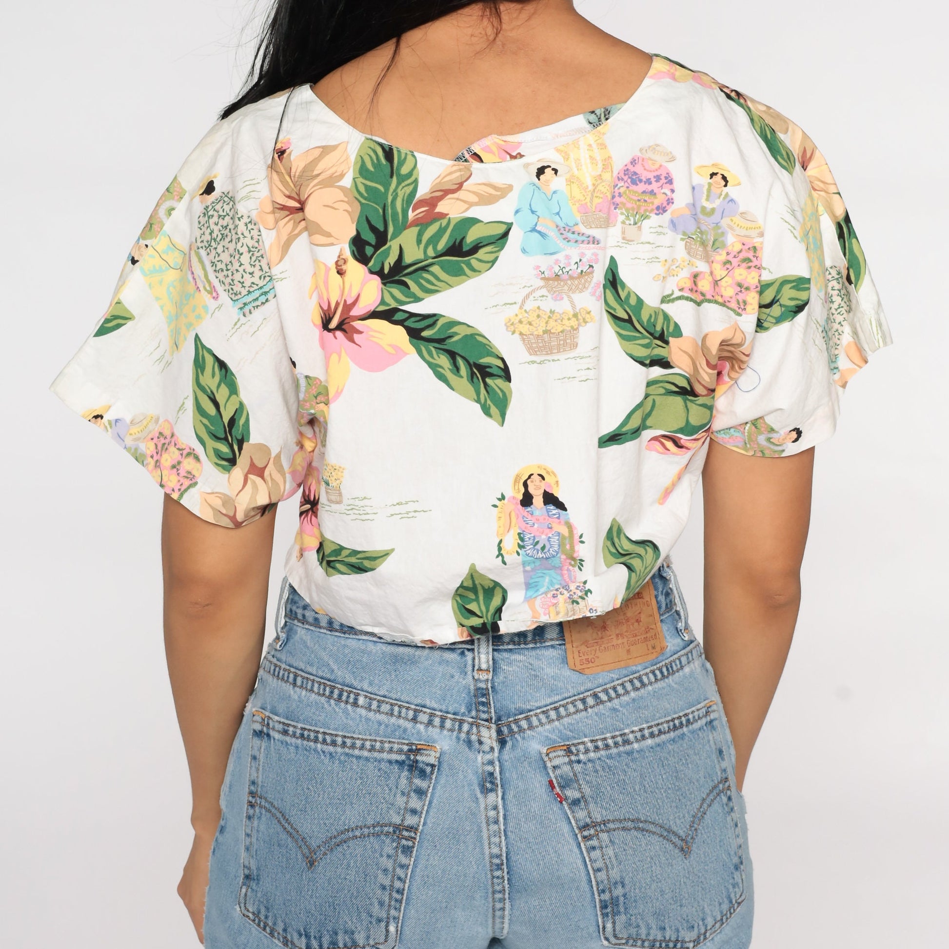 80s Polynesian Woman Tropical Crop Top Button-Up Blouse White Medium Large
