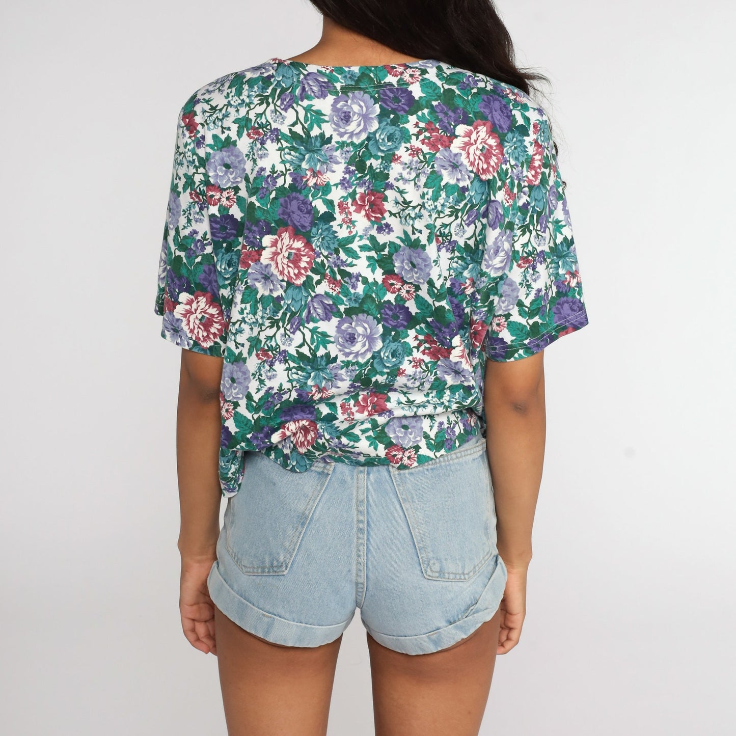 80s Floral Button-Up Blouse Short Sleeve Shirt Cotton Blend Large L