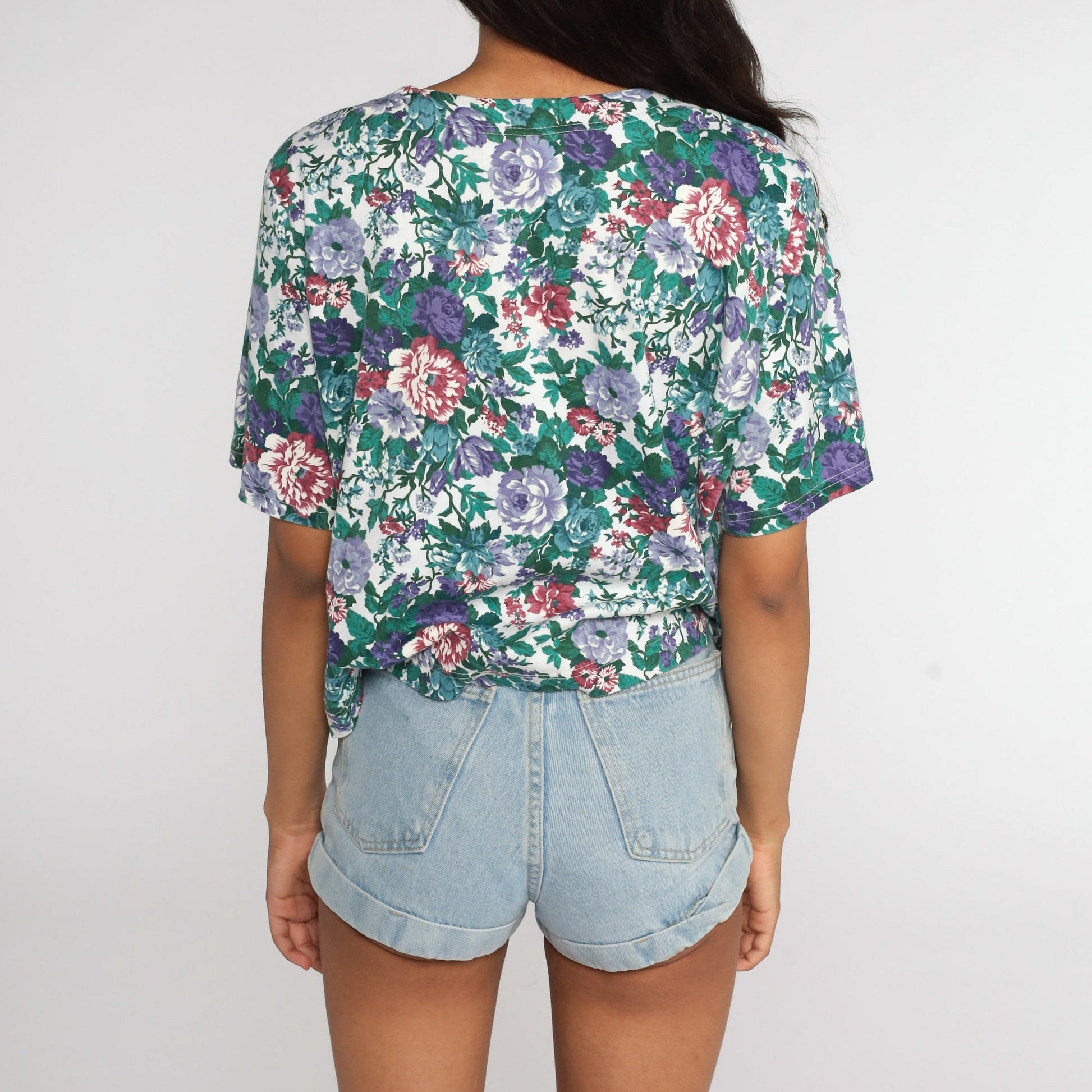 80s Floral Button-Up Blouse Short Sleeve Shirt Cotton Blend Large L