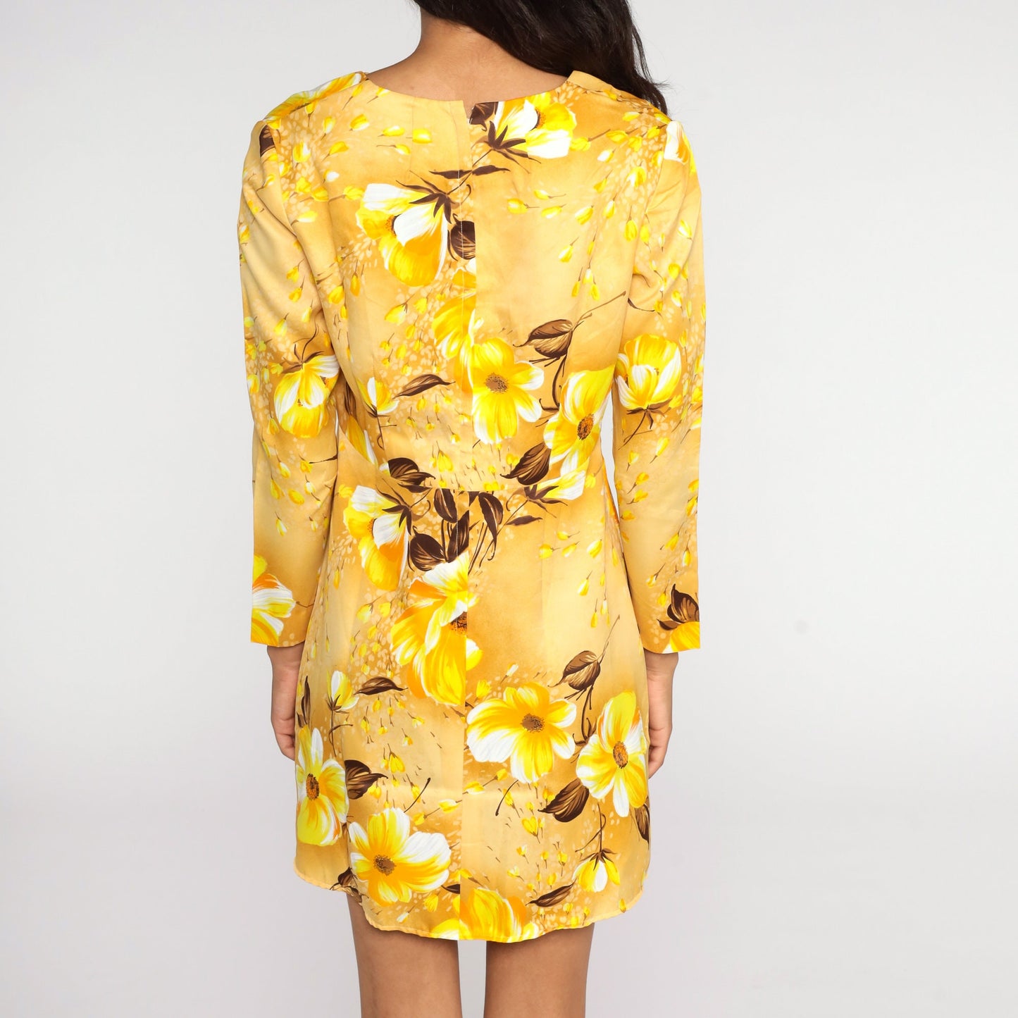 60s Yellow Floral Babydoll Dress Empire Waist Mini Long Sleeve Medium